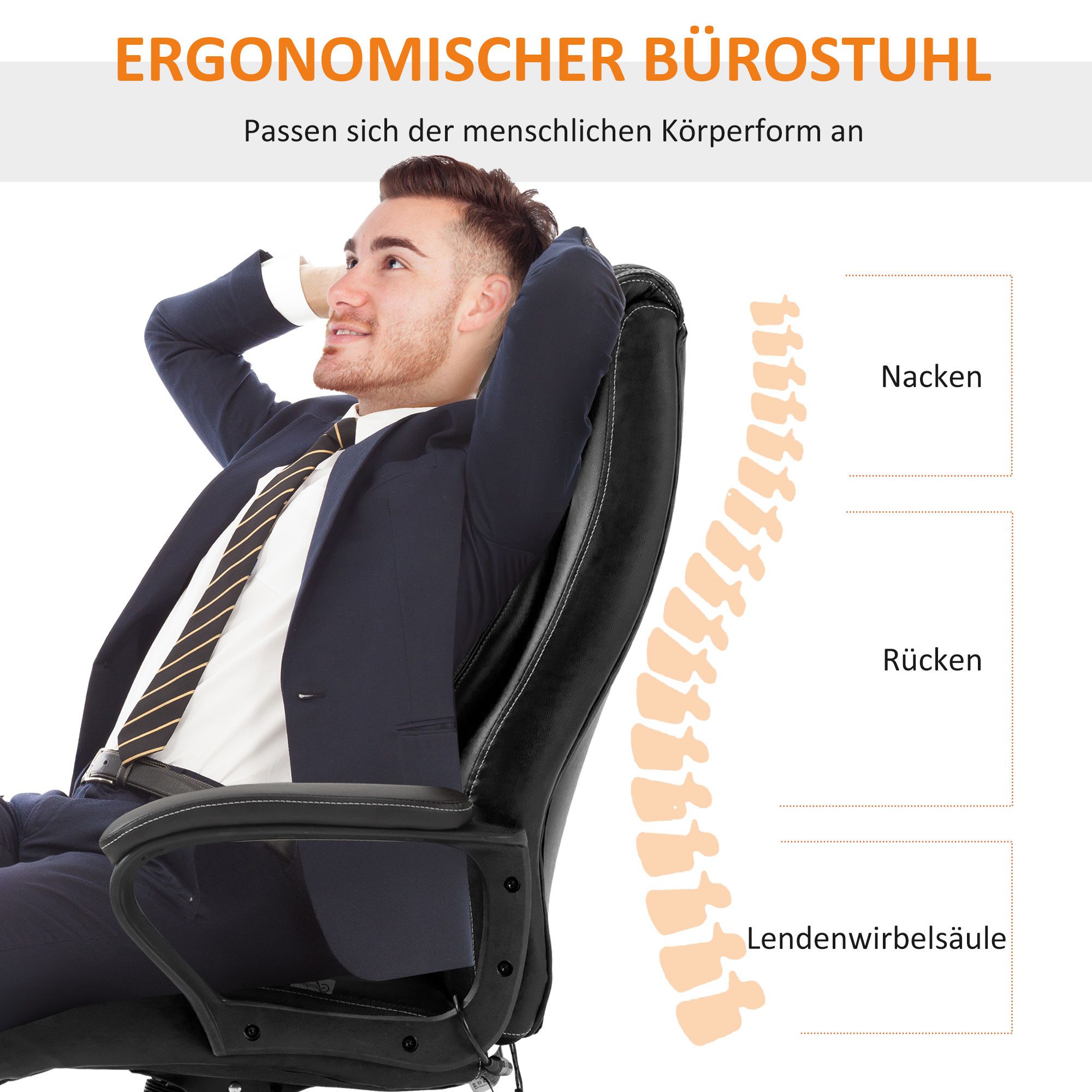 Vinsetto Schreibtischstuhl Ergonomischer Chefsessel, Wippfunktion, Drehstuhl, schwarz (Bürostuhl, 1 St), für Büro, Wohnzimmer, Schwarz – Bild 5 von 5