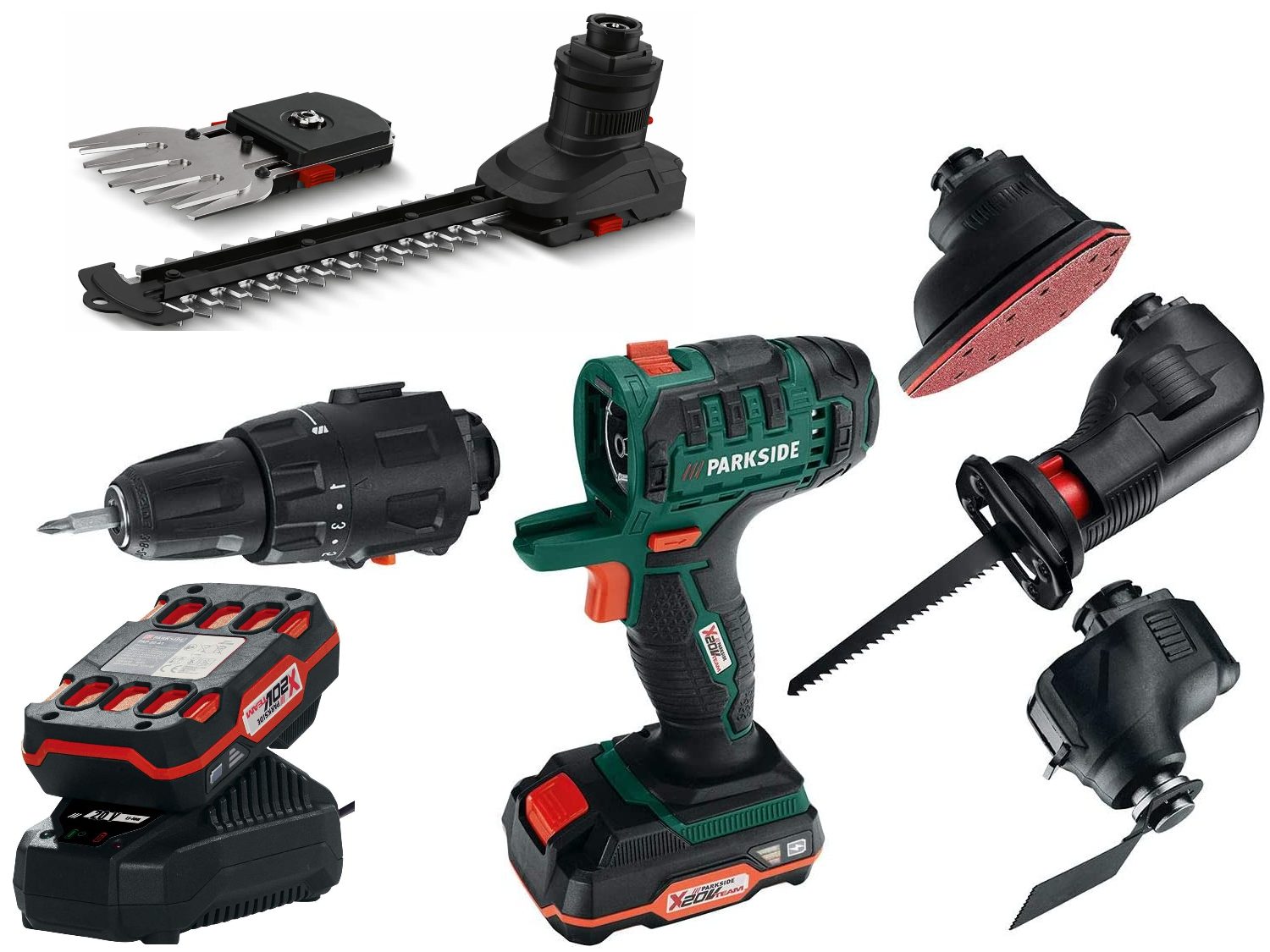 Parkside Schlagschrauber 6-In-1 Akku-Kombigerät Akkuschrauber Multischleifer Säbelsäge