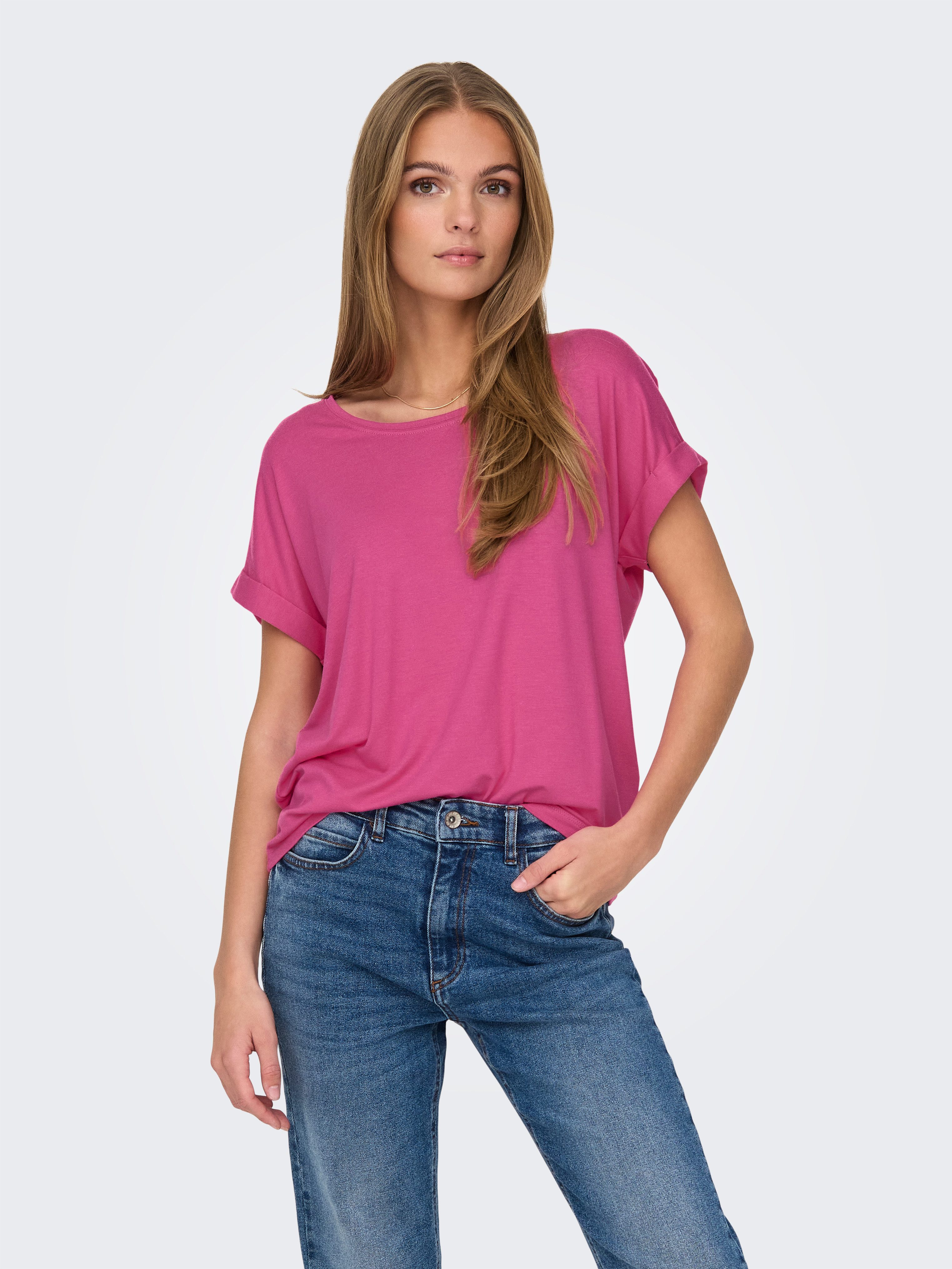ONLY T-Shirt ONLMOSTER – Kurzarmshirt mit Aufschlag und klassischem Look unifarben, casual, regular fit, Viskosemischung, Rundhals