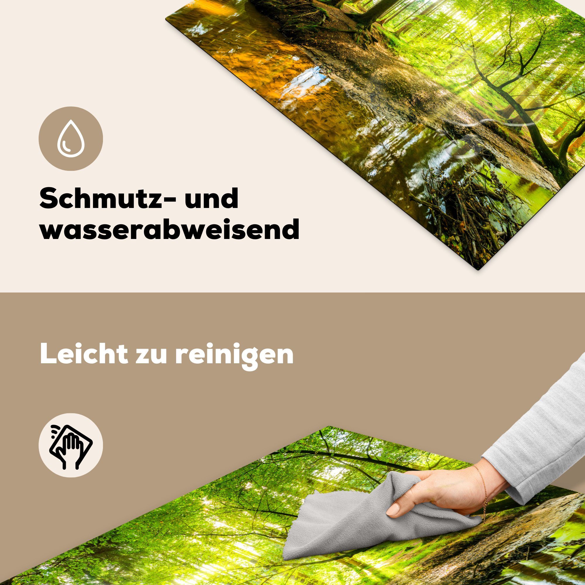 MuchoWow Herdblende-/Abdeckplatte Wald - Wasser Arbeitsplatte Ceranfeldabdeckung, (1 - - - 81x52 küche cm, Vinyl, für tlg), Bäume Natur, Sonne Landschaft Grün - 