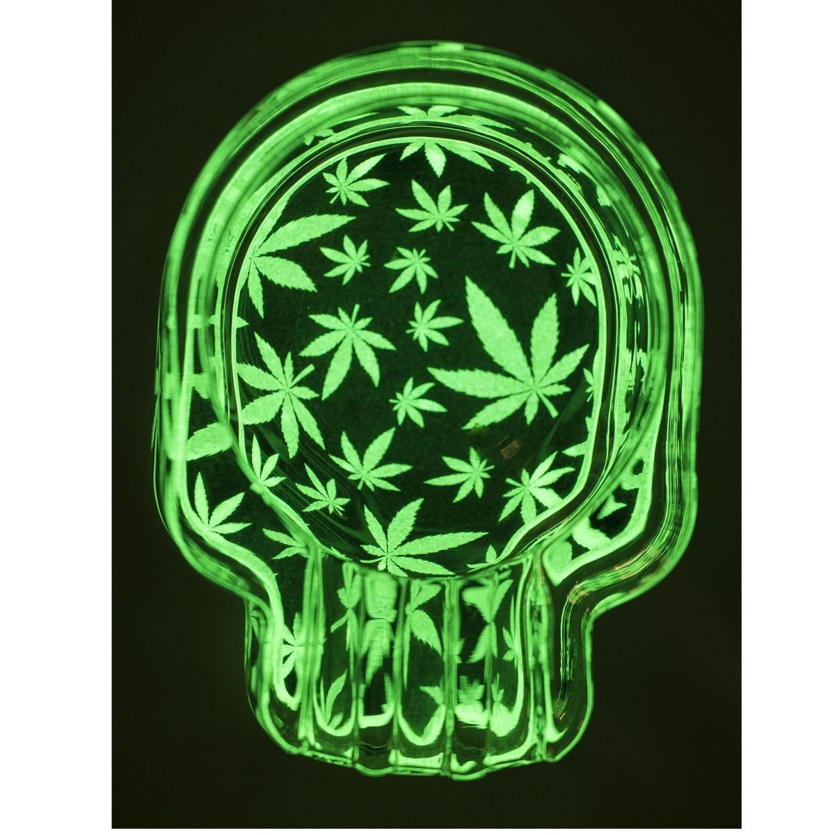 Out of the Blue Aschenbecher Tischaschenbecher ca.7 x 9,5 cm cm Glas rund Totenkopf Cannabis, mit 3 Einsenkungen, leuchtet im Dunkeln