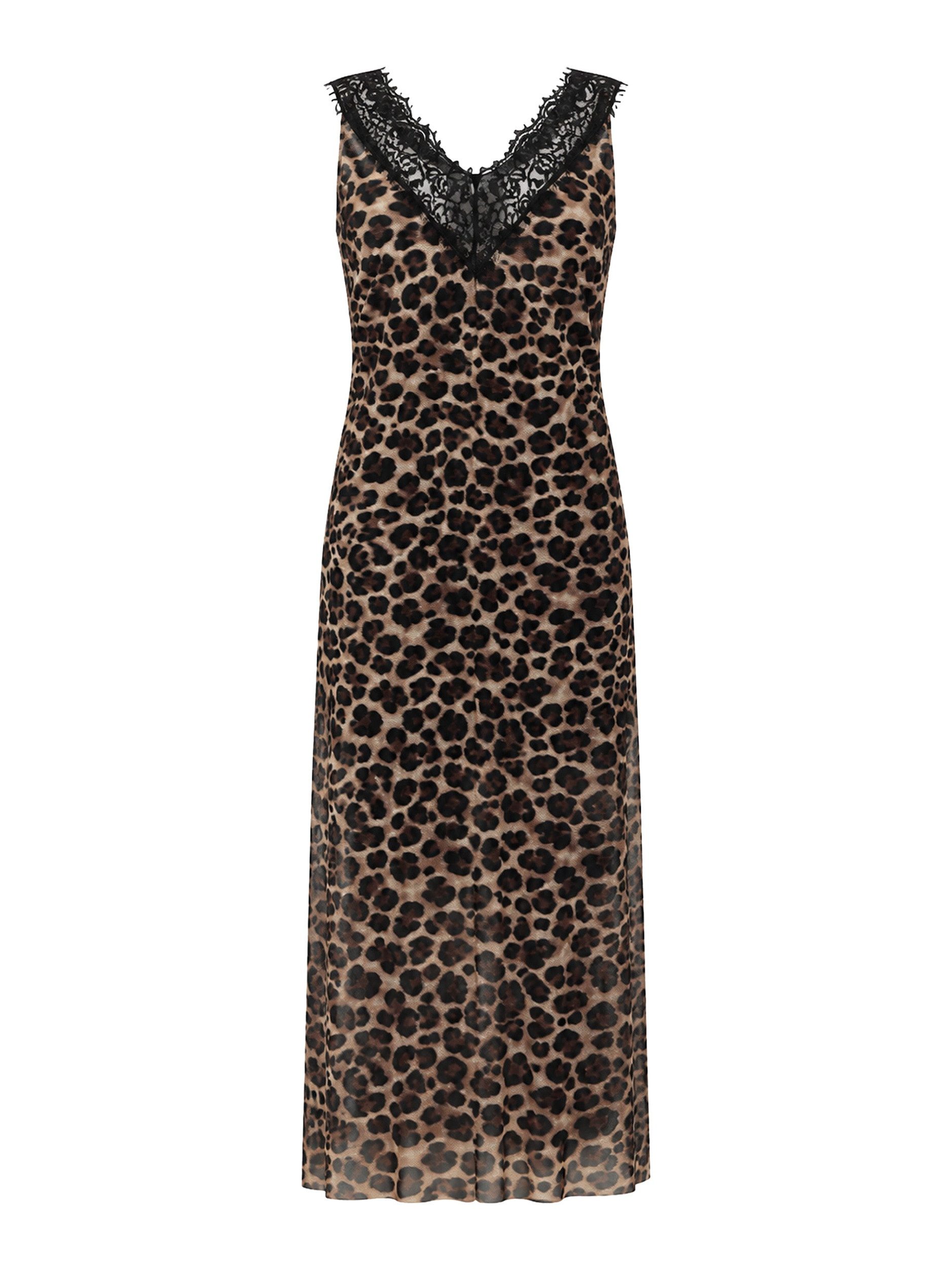 SASSYCLASSY Maxikleid Langes Mesh-Kleid mit Leo-Print für Damen Ärmelloses Maxikleid mit V-Ausschnitt und breiten Spitzenkanten Braun – Bild 2 von 5