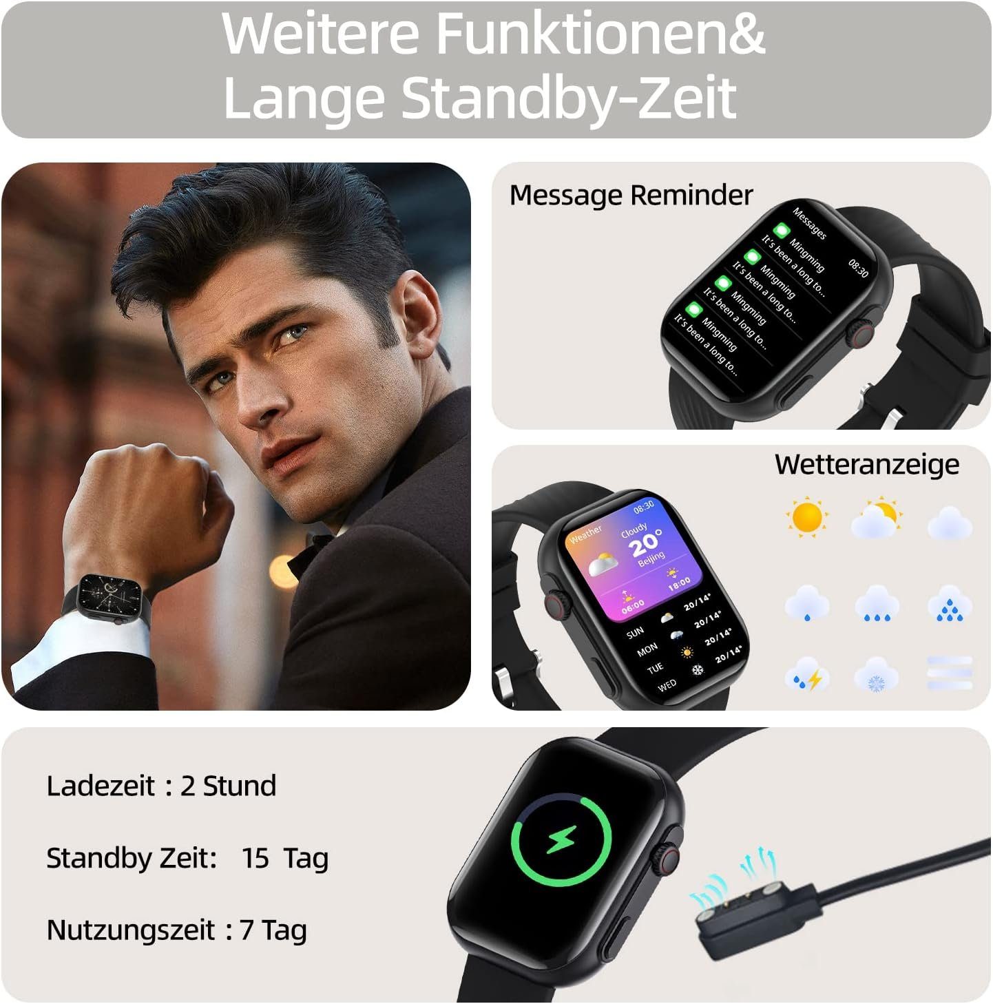 für Schrittzähler, Smartwatch, Tracker (Quadratischer Zoll Voice, Sportuhr Sportmodi, SNS-Benachrichtigung Schwarz Yuede etc., Blutsauerstoff, Herzfrequenz, Nachthimmel Gesundheits-Uhren Schlafqualität, Wasserdichte 2,01-Zoll-HD-Full-Touch-Farbdisplay uhr Smartwatch IP67 Anruffunktion Blutdruckmessung, Musiksteuerung Zoll) Android Damen IOS für mehr Herren mit und Fitness mit 100 und AI mit als