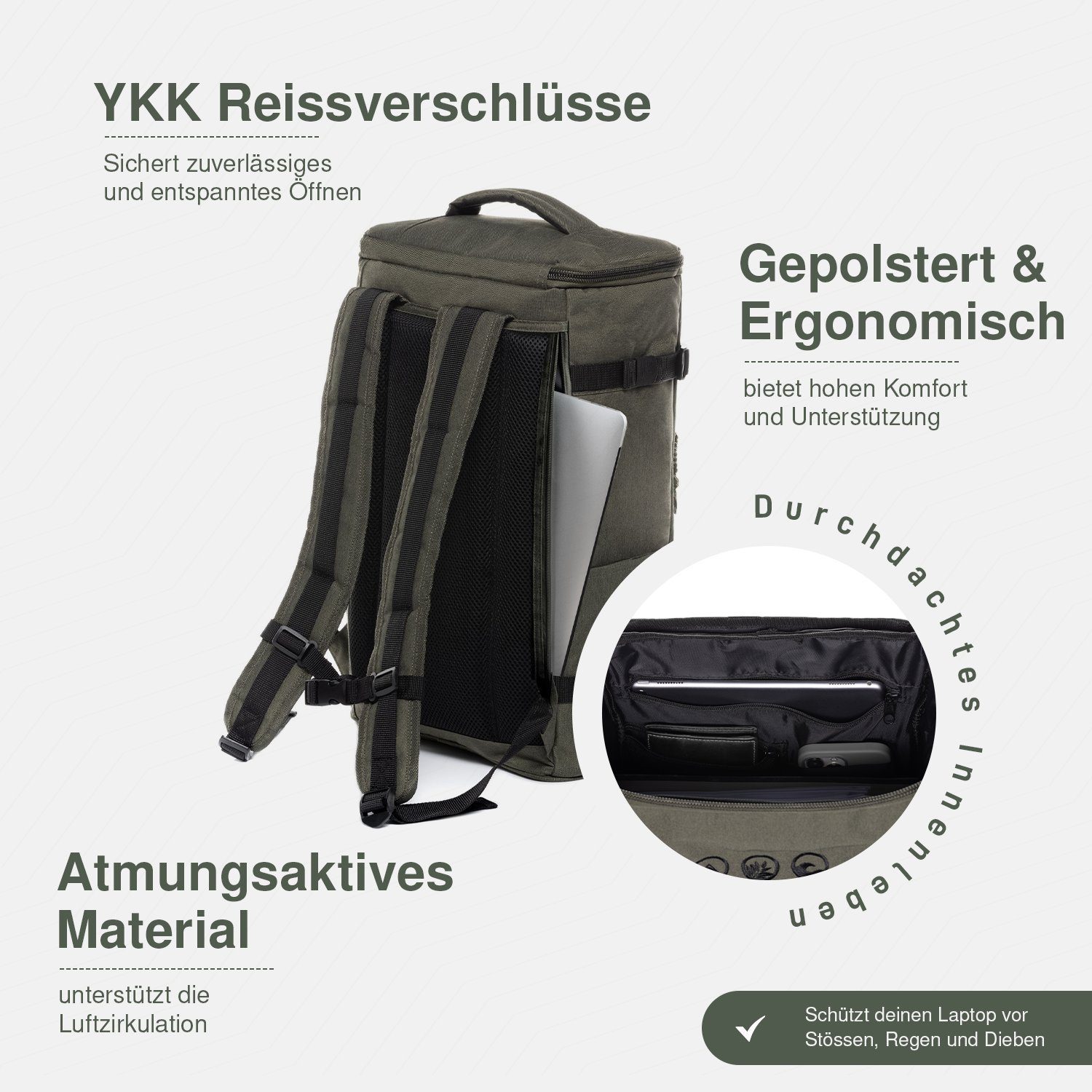 SONS OF ALOHA XL Backpack, Top-Loader Sports Bag, 15-inch Olive, XL Daypack with Laptop Compartment, Made from Recycled Plastic, Sports Bag