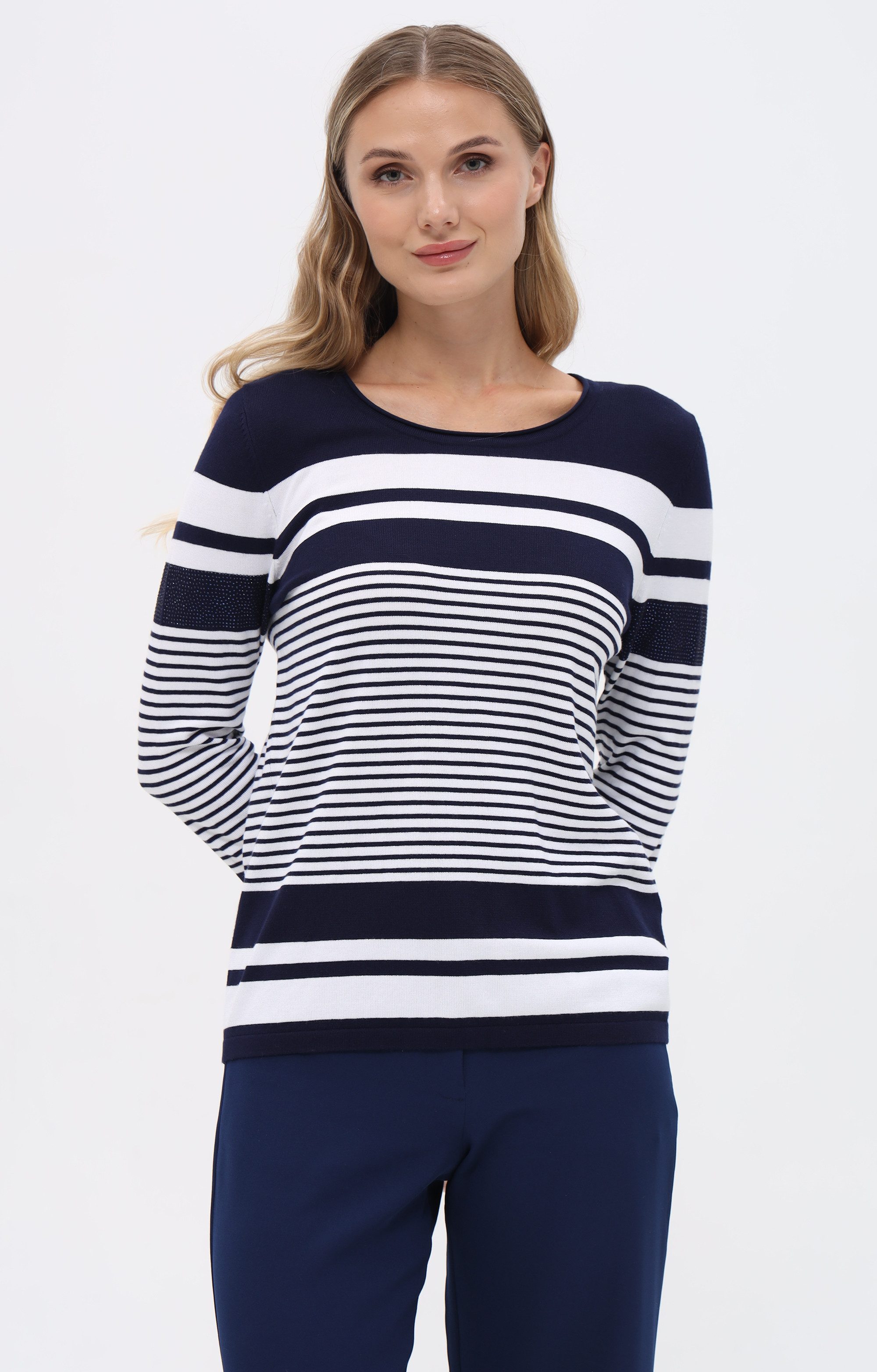 Passioni Strickpullover mit Ringel-Muster und Strassdetails günstig online kaufen