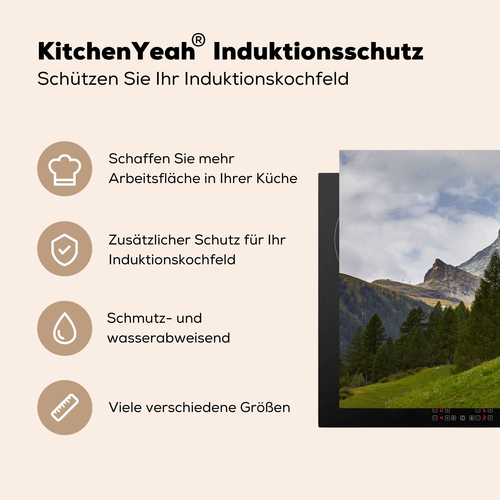 81x52 Induktionskochfeld Schutz Herdblende-/Abdeckplatte tlg), Das MuchoWow Schweizer Ceranfeldabdeckung cm, Vinyl, (1 für einem Matterhorn Tannenwald, hinter die küche,