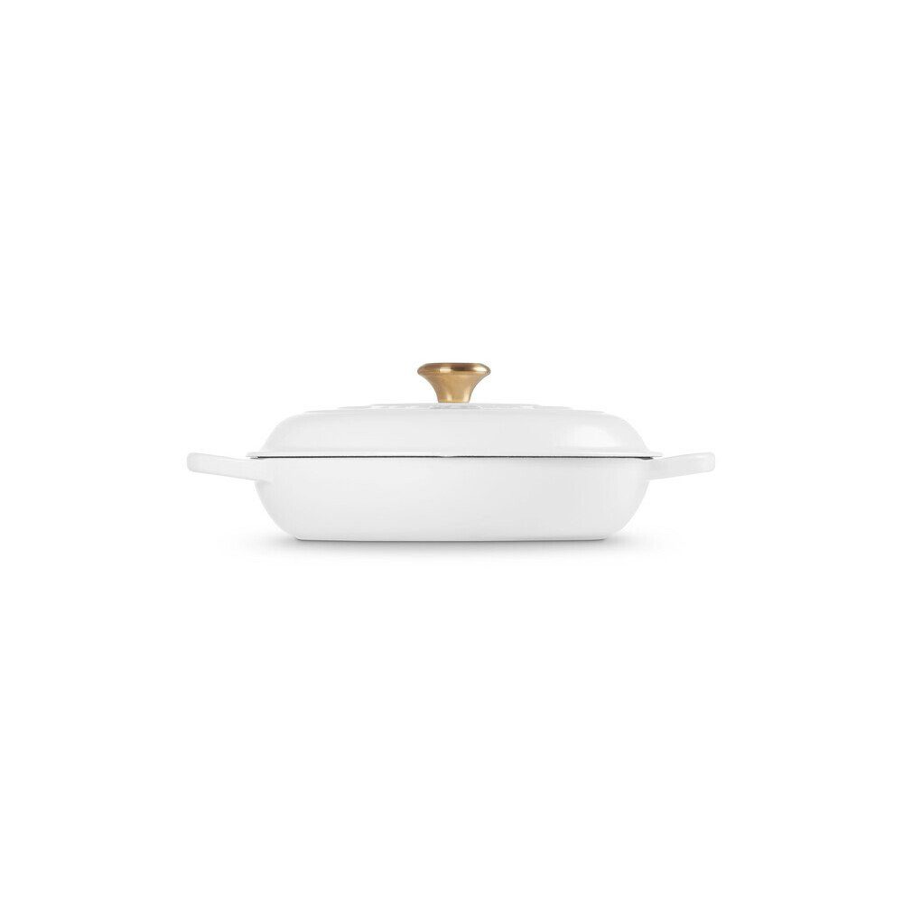 LE CREUSET Bräter Gourmet-Profitopf mit Deckel 30 cm Signature White, Gusseisen, flacher Schmortopf, Cocotte, Servierpfanne, ca. 3-4 Pers., Ø30cm, weiß