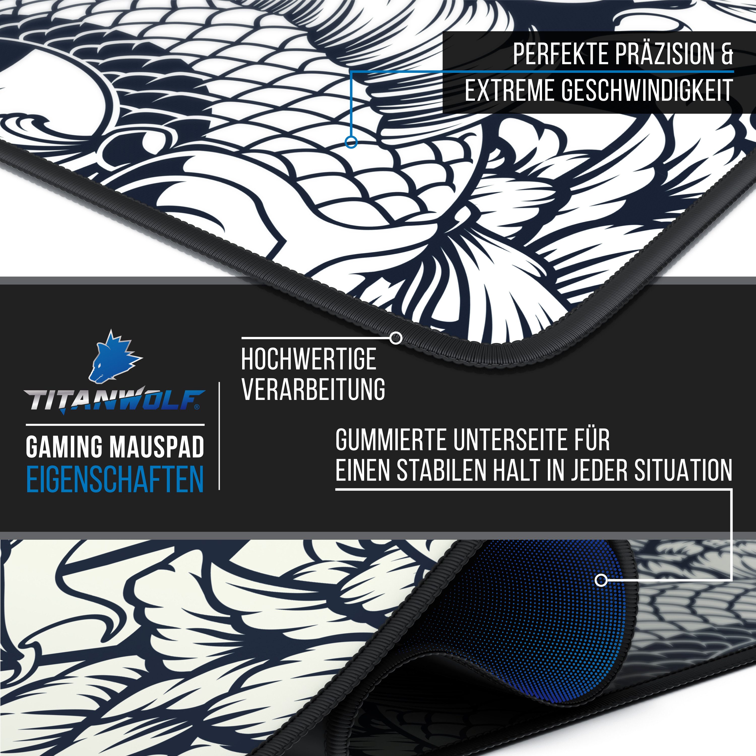 Titanwolf Gaming Mauspad XXXL Speed Mousepad 1200 x 400 x 3 mm, große Schreibtischauflage, abwaschbar, rutschfeste Rückseite, Geschwindigkeit & Präzision, Kois