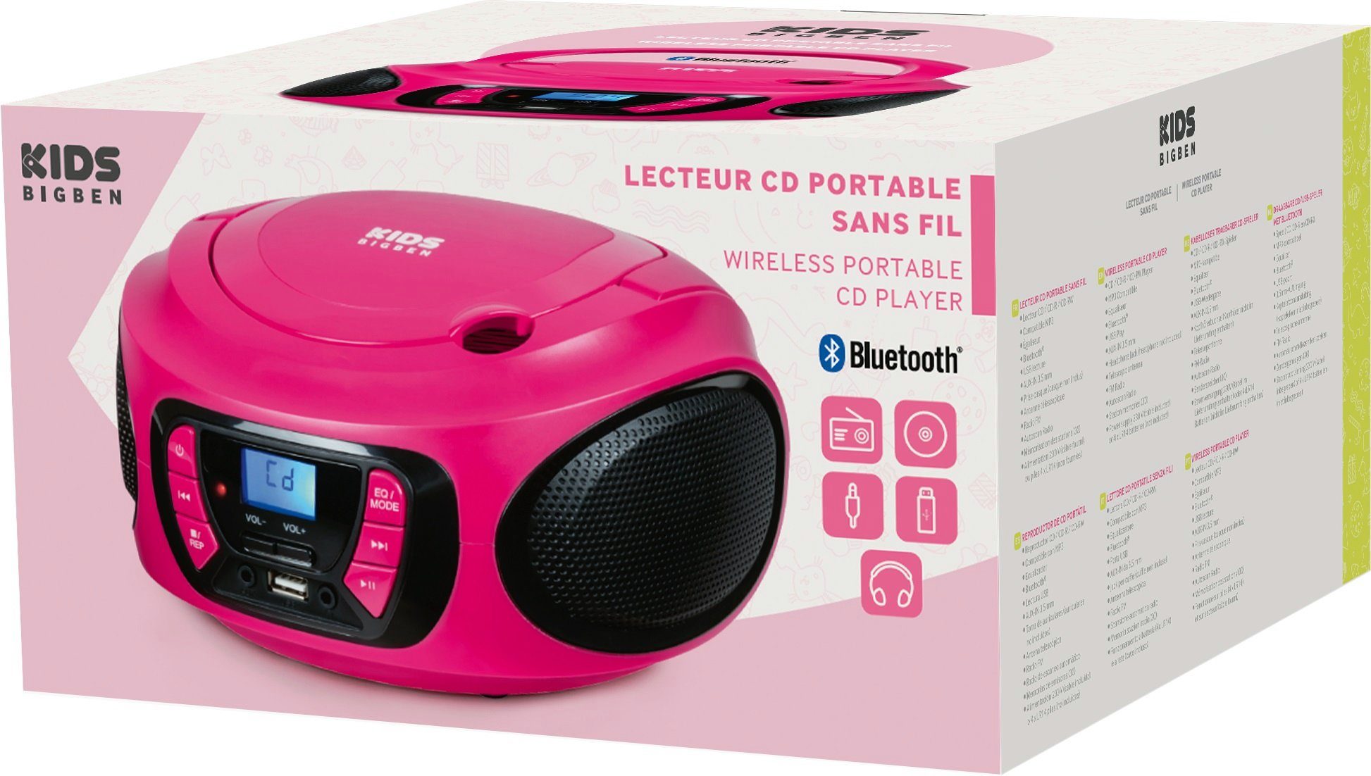 Kids (FM-Tuner) CD-Radiorecorder AU387292 BigBen USB/BT Tragbares pink CD/Radio