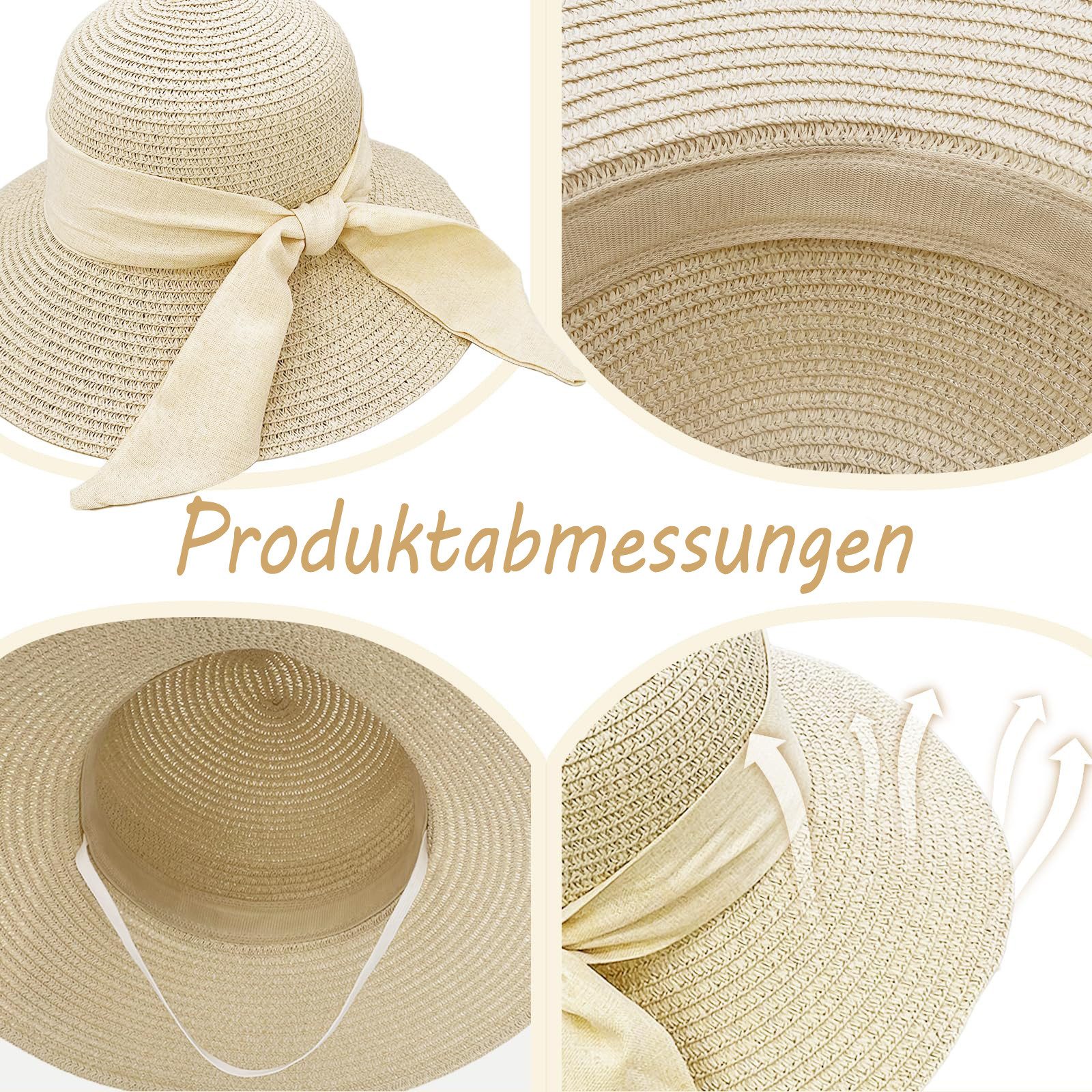 nsihing Strohhut Damen Sonnenhut mit Sonnenschutz, Sommer-Strandhut, Hut mit Schleife, ideal für Strandurlaub und Reisen