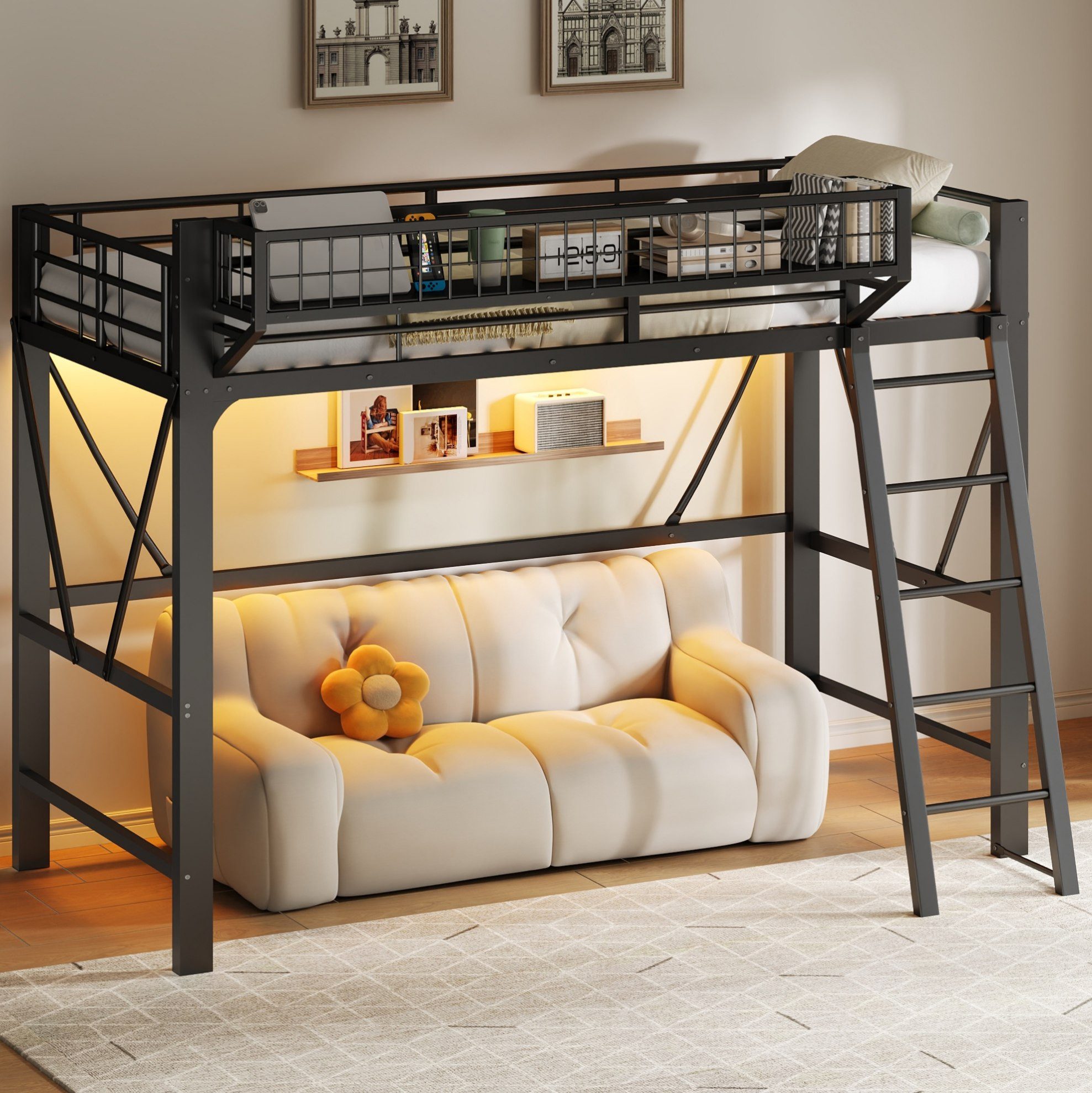 MODFU Hochbett aus Metall (mit LED-Beleuchtung, Aufbewahrungskorb und durchgehenden Sicherheitsgeländern, schwarz, 204 x 124.5 x 180) ohne Matratze