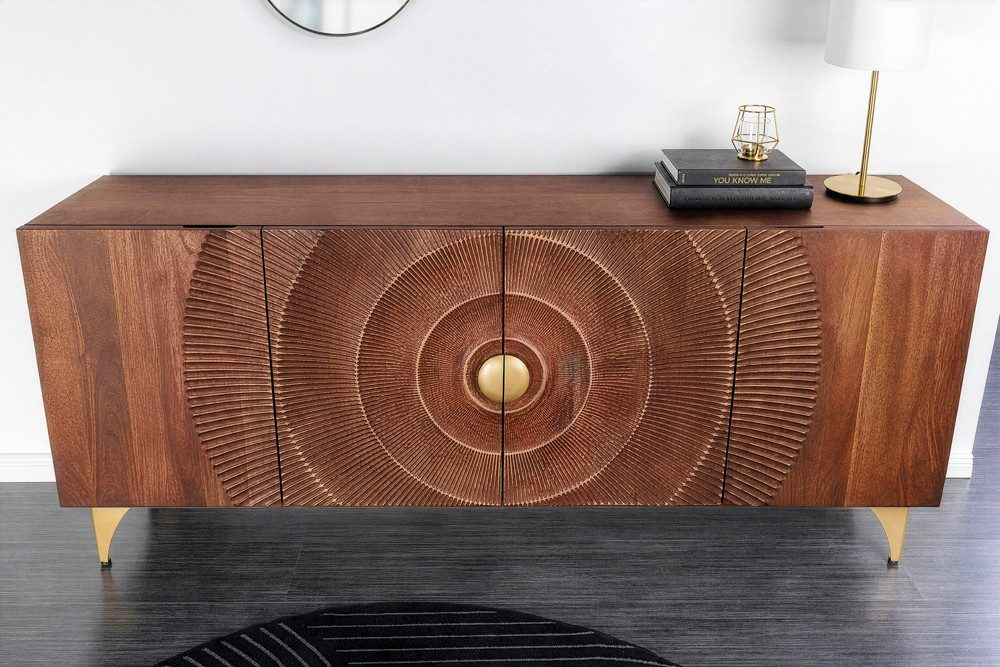 riess-ambiente Sideboard GOLDEN SUNSET 180cm braun/gold - Mango-Massivholz, Metall (Einzelartikel, 1 St), Extravagante Kommode m. 3D-Schnitzereien - ideal f. Wohnzimmer & Flur