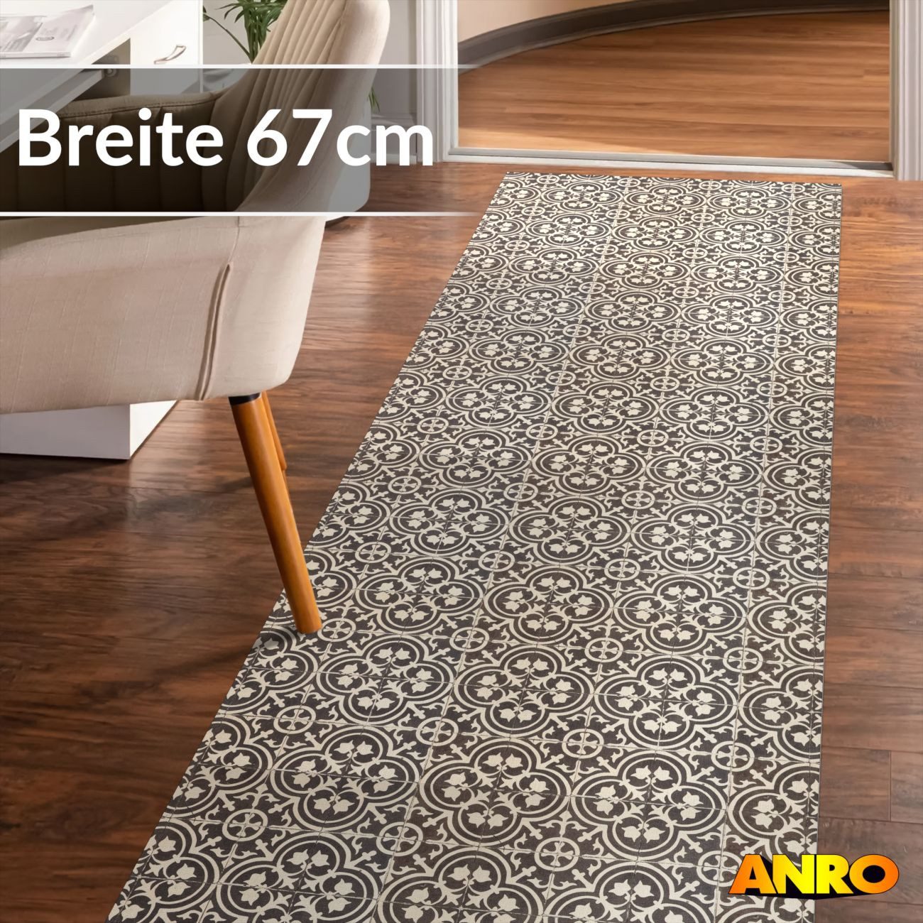 ANRO Küchenläufer Premium Arabesk RUNNA Läufer Küchenteppich Stoff-Teppich, Rechteckig, Höhe: 3 mm, Stoff schmutzabweisend 67x100cm Vintage Schwarz robust