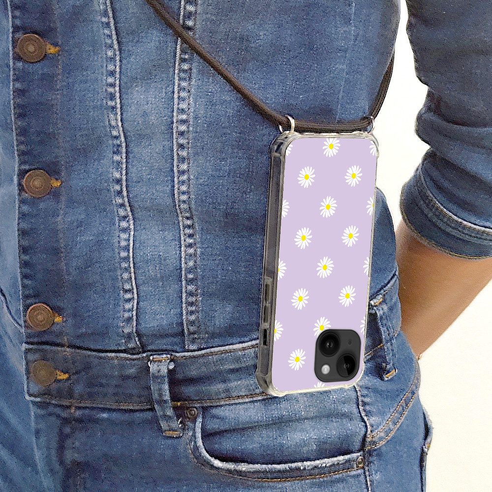MuchoWow Handyhülle für Apple iPhone 14 Gänseblümchen - Pastell - Weiß - Lila - Blumen, Tragbare Handyhüllen mit Kette zum umhängen, Handykette Handyband
