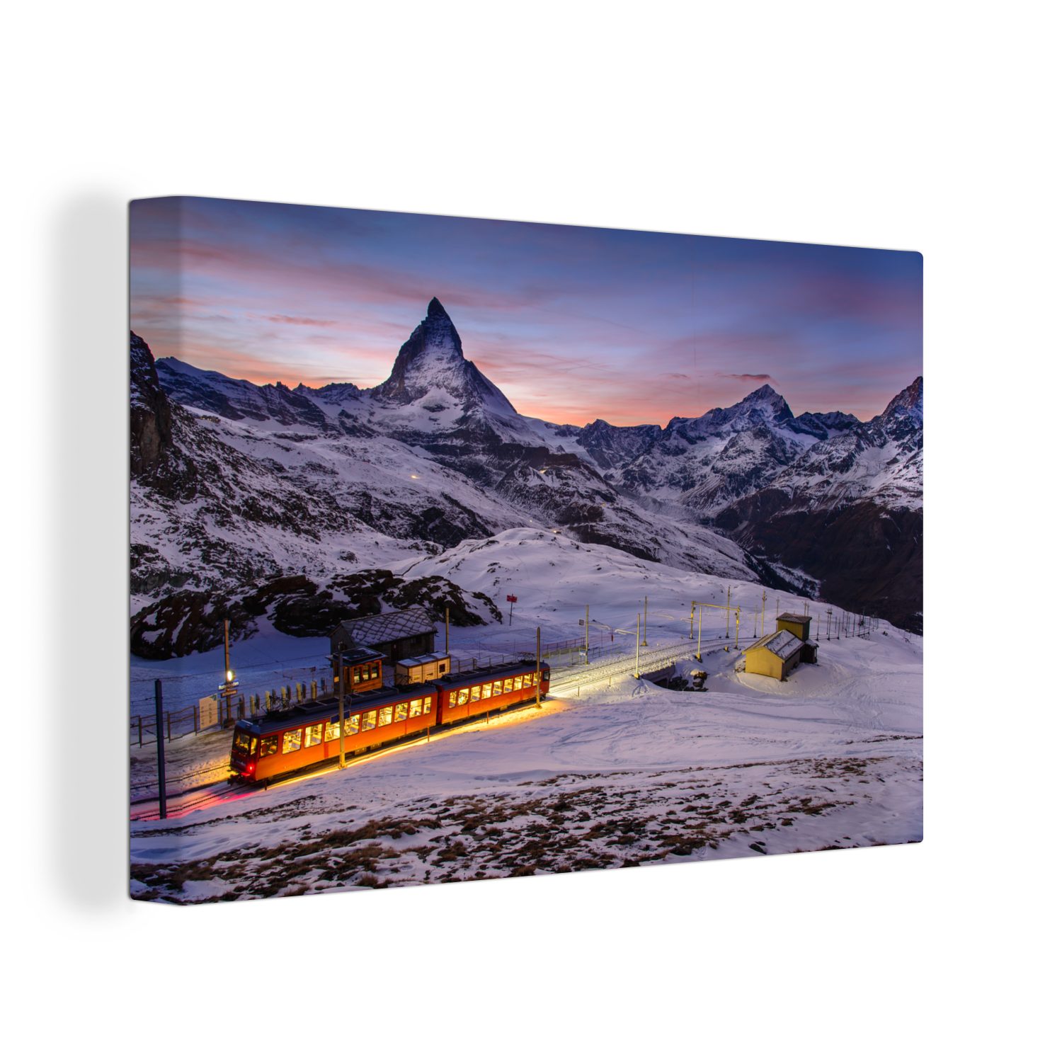 OneMillionCanvasses® Leinwandbild Zug durch die Wandbild der cm Landschaft Wanddeko, Aufhängefertig, verschneite St), Sonnenaufgang, 30x20 (1 Schweiz in bei Leinwandbilder