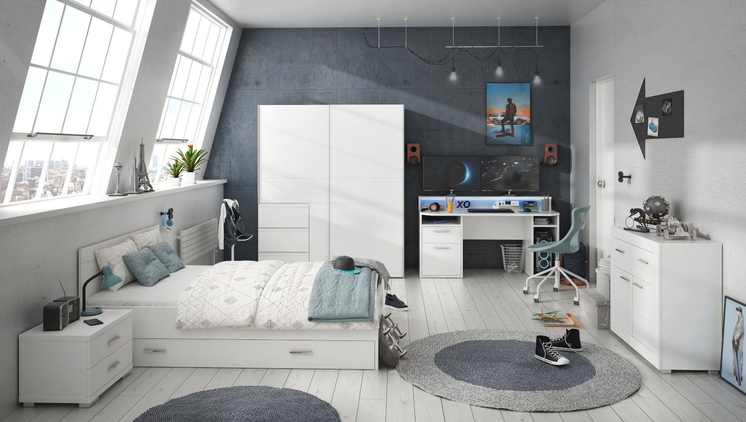 möbel-direkt.de Jugendzimmer-Set Gamingzimmer Tezaur "Snow", (Komplett günstig online kaufen