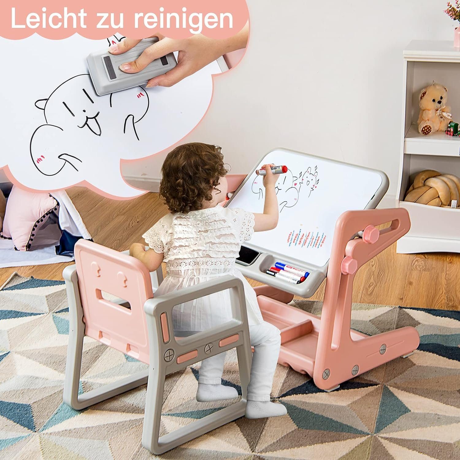 verstellbarer (2-St), Stuhl rosa Stauraum, mit KOMFOTTEU Zeichentisch mit Kinderschreibtisch