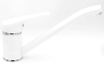 Faizee Möbel Granitspüle Granitspüle 48x50 Weiß +Armatur Küchenspüle inkl. Siphon Set, eckig, 48/50 cm