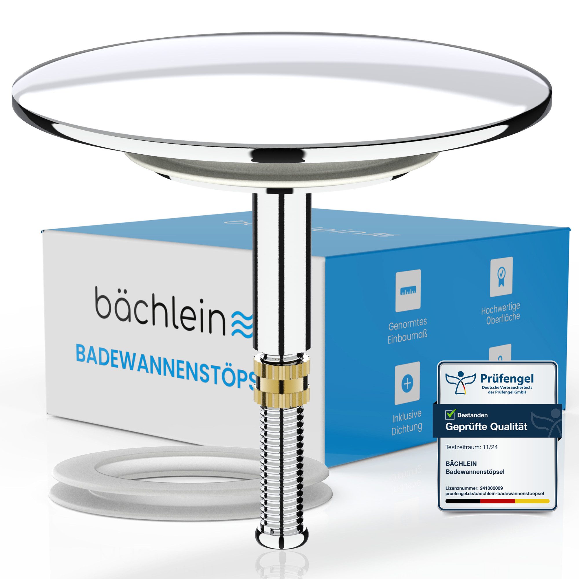 Bächlein Badewannenstöpsel Hochwertiger Badewannenstopfen mit Excenterverschluss, (Chrom), Ablaufgarnitur für jede Badewanne inkl. Dichtungen