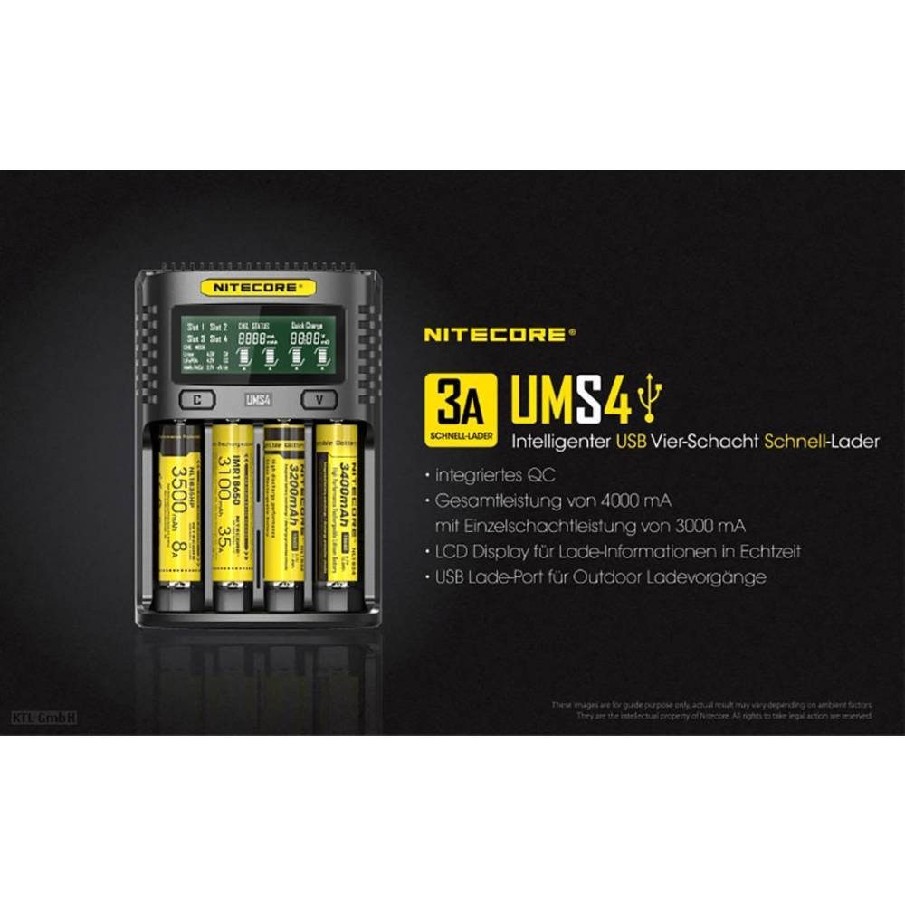 Nitecore Ladegerät USB NC-UMS4 Rundzellen-Lader (Akku-Defekt Erkennung, Automatischer Akkutest)