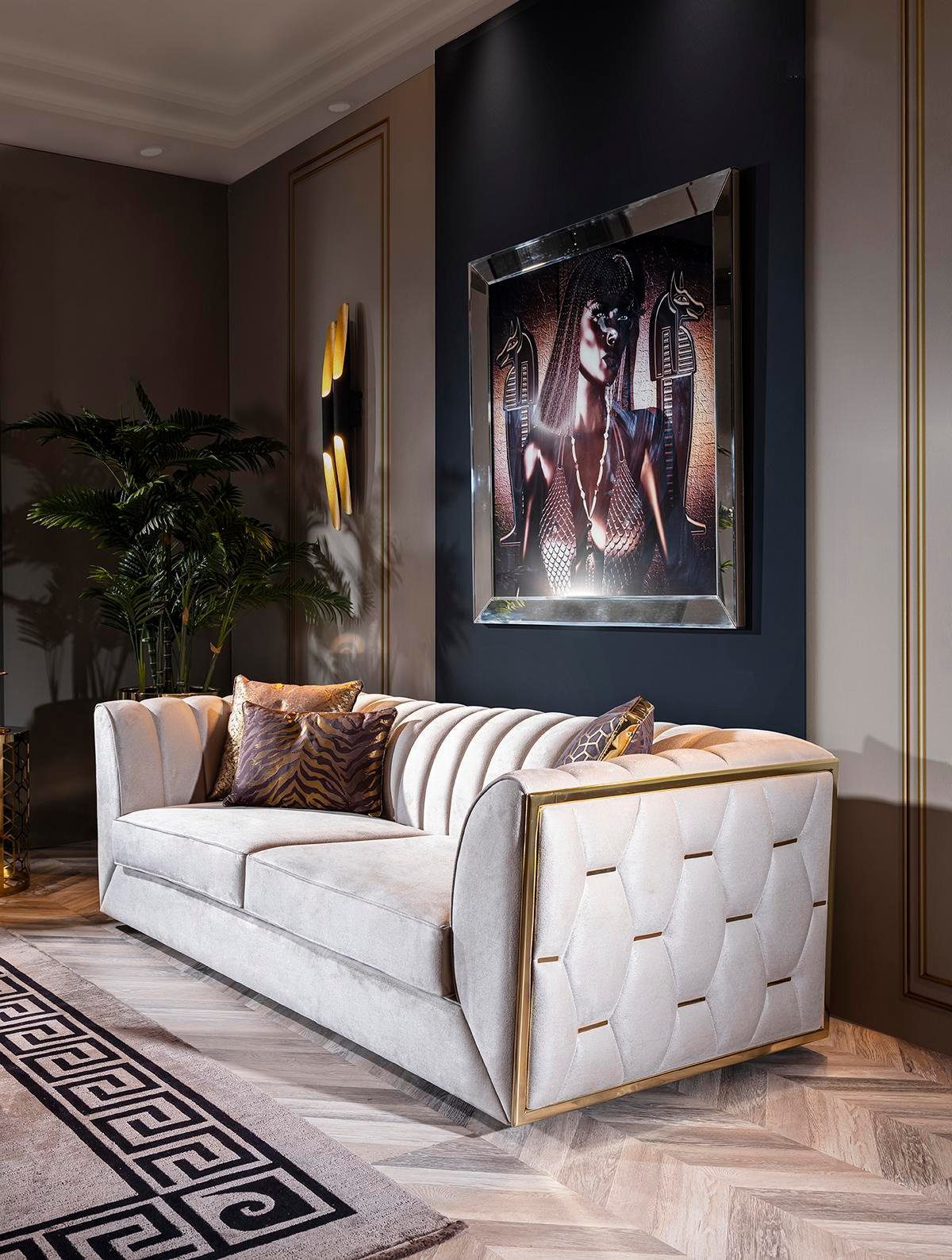 Polstermöbel, Dreisitzer Wohnzimmer Edelstahl Europe in Textilmöbel Weißer Teile, Couch Made 1 Sofa JVmoebel