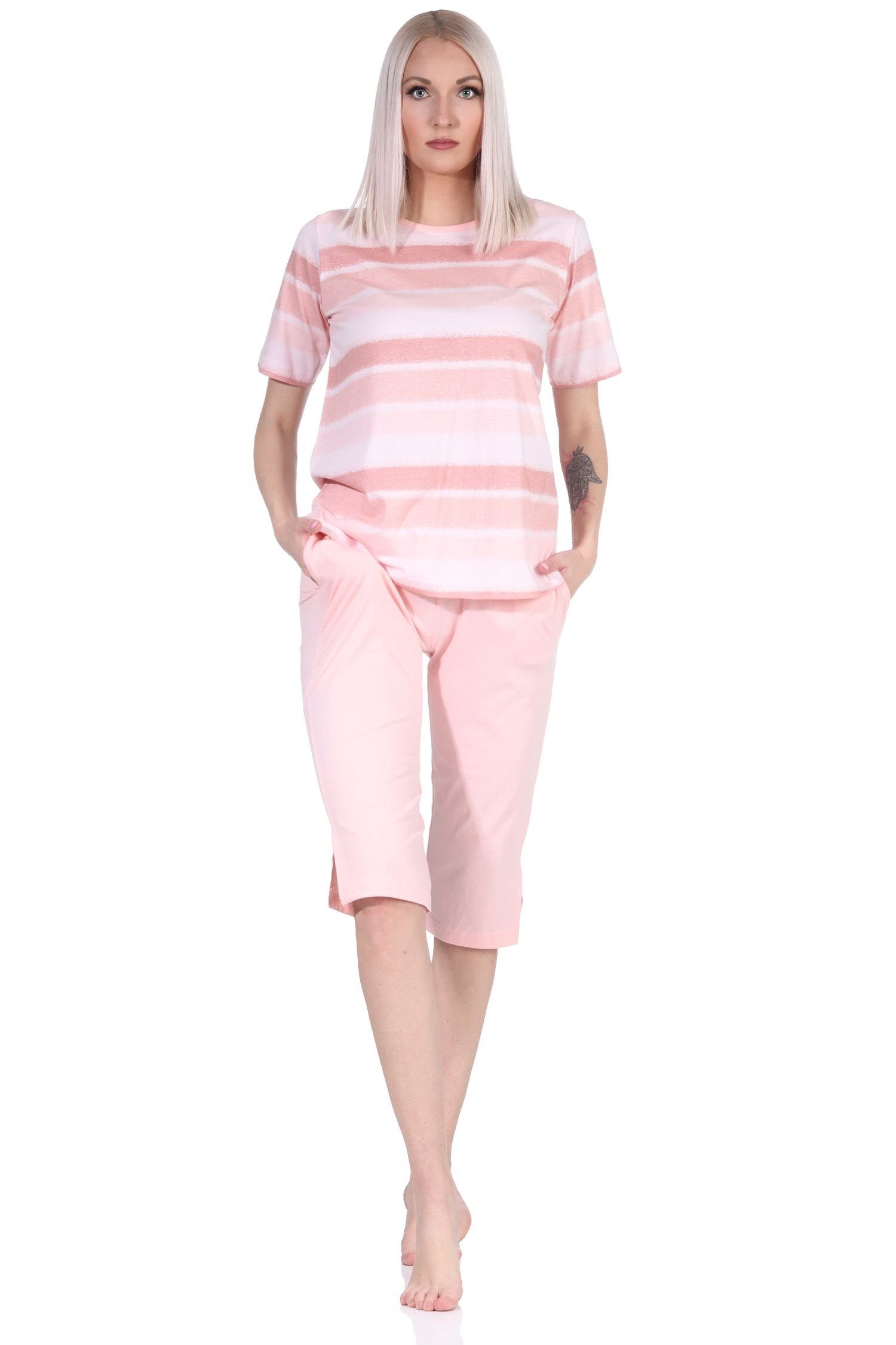 Normann Pyjama Damen Capri Schlafanzug rosa Look kurzarm farbenfrohen Streifen im Pyjama
