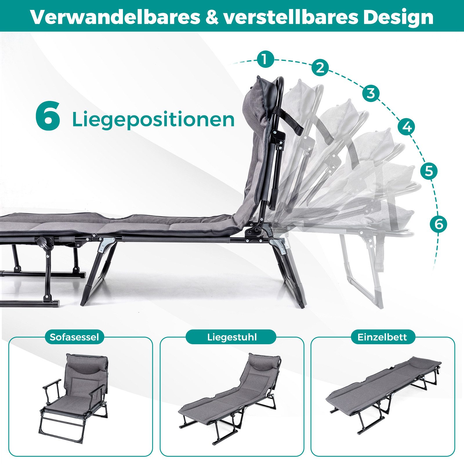 COSTWAY Gartenliege, 3 in 1 Klappbett mit Auflage, Kopfstütze, verstellbar