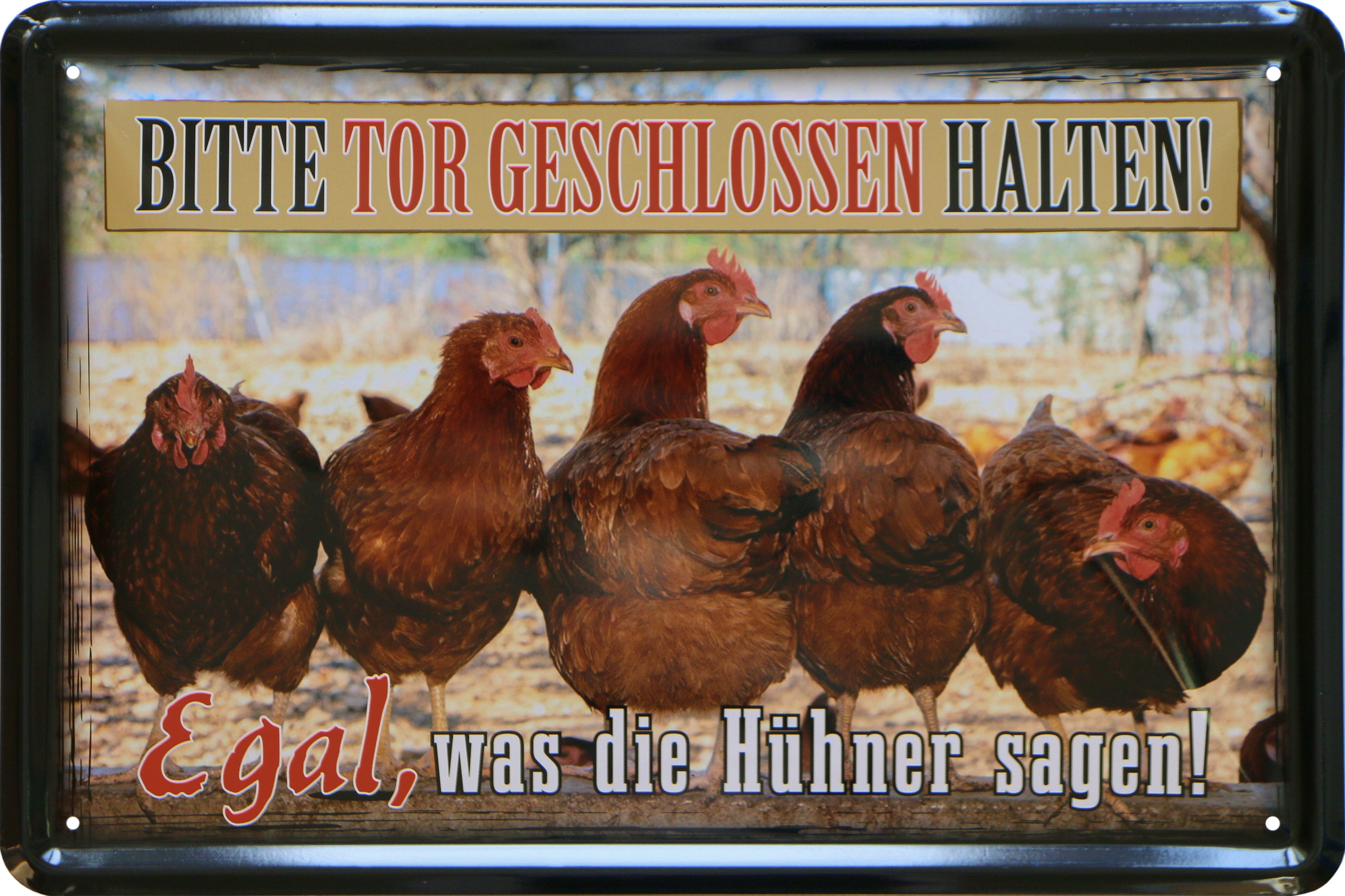 WOGEKA ART Metallbild Hühner - Tor geschlossen halten - 20 x 30 cm Retro Blechschild, Metallschild Wanddeko Spruch Schild Wandbild Camping Huhn Hühnerstall