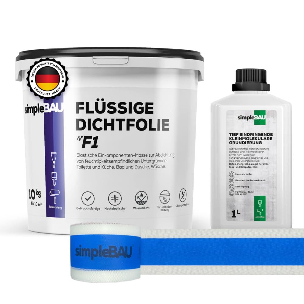 simpleBAU Dichtstoff Flüssigfolie F1 10 kg + Tiefengrund 1 L und Elastisches Dichtband 10M