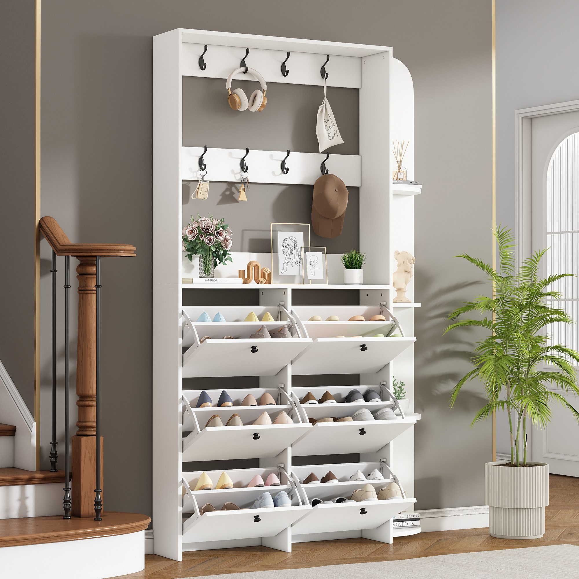 Merax Garderoben-Set Garderobenständer mit Schuhschrank, (120 x 24 x 200 cm, 1-St), 3-in-1 Flurgarderobe Komplett-Set mit 8 Klapptüren, 8 Haken & Ablagen