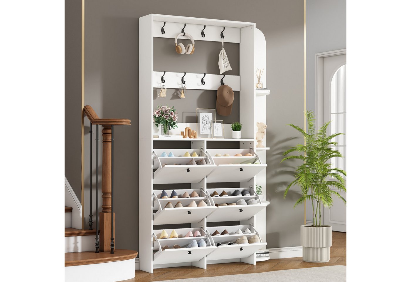 Merax Garderoben-Set Garderobenständer mit Schuhschrank, (120 x 24 x 200 cm, 1-St), 3-in-1 Flurgarderobe Komplett-Set mit 8 Klapptüren, 8 Haken & Ablagen
