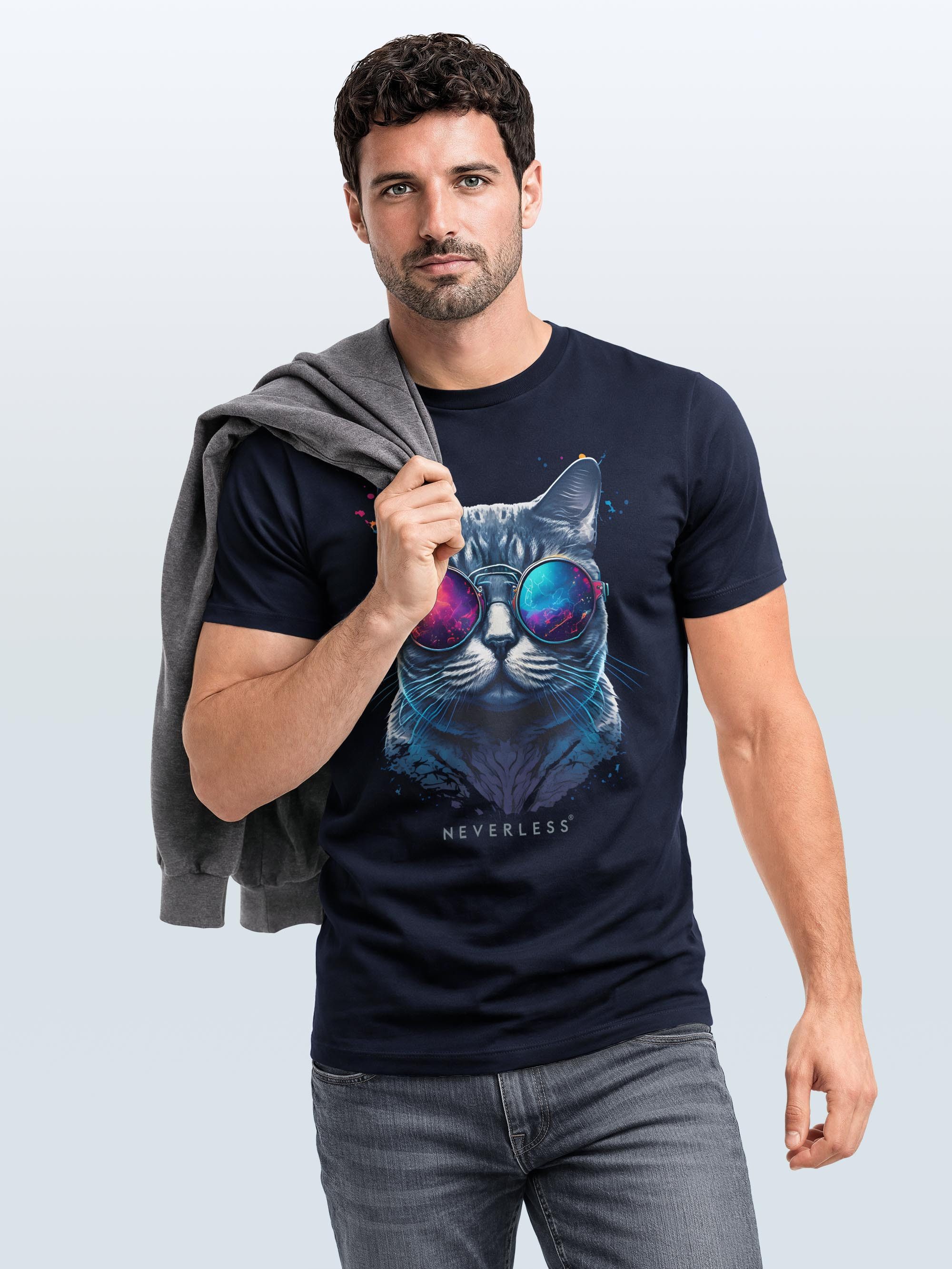 Neverless Print-Shirt Herren T-Shirt Aufdruck Katze Cat Sommer Sonnenbrille Style Fashion mit Print