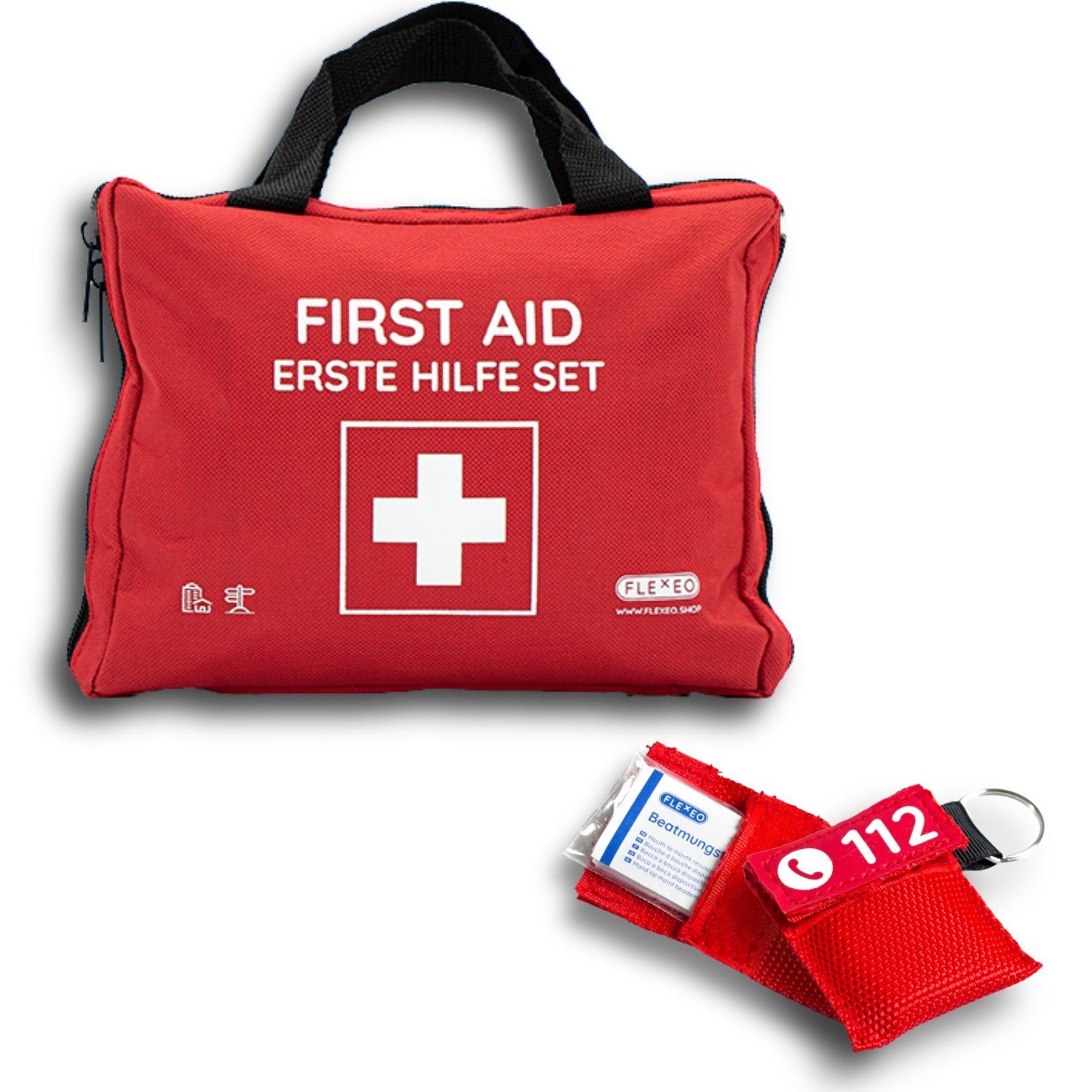 FLEXEO Erste-Hilfe-Set & 2 Beatmungstücher, (1 St), Verbandtasche  Nofallset, rot