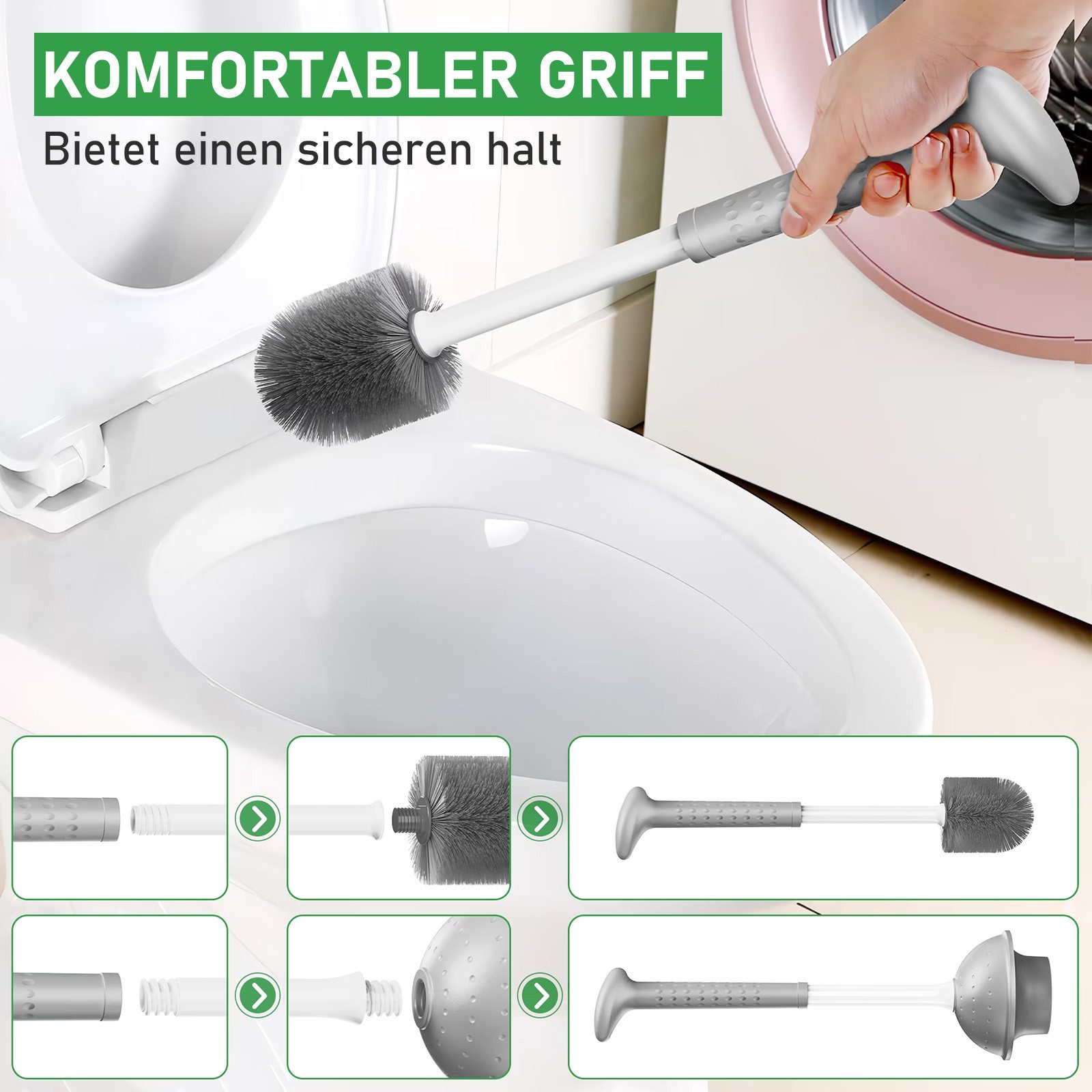 HUGERSTONE WC-Reinigungsbürste 2in1 Klobürste Set mit Toilettenbürste, Toilettenpömpel und Halterung, (Set, 3 tlg, WC Bürste und WC Saugglocke), Geeignet für Ab – Bild 5 von 5