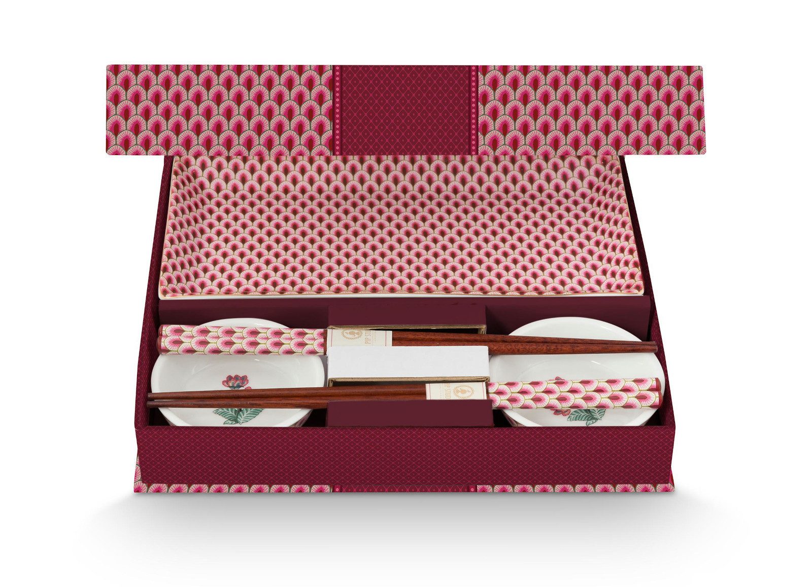 PiP Studio Geschirr-Set Flower Festival Oriental Geschenkset rund dark pink 6tlg, Porzellan, Giftset Round Oriental Flower Festival Dark Pink