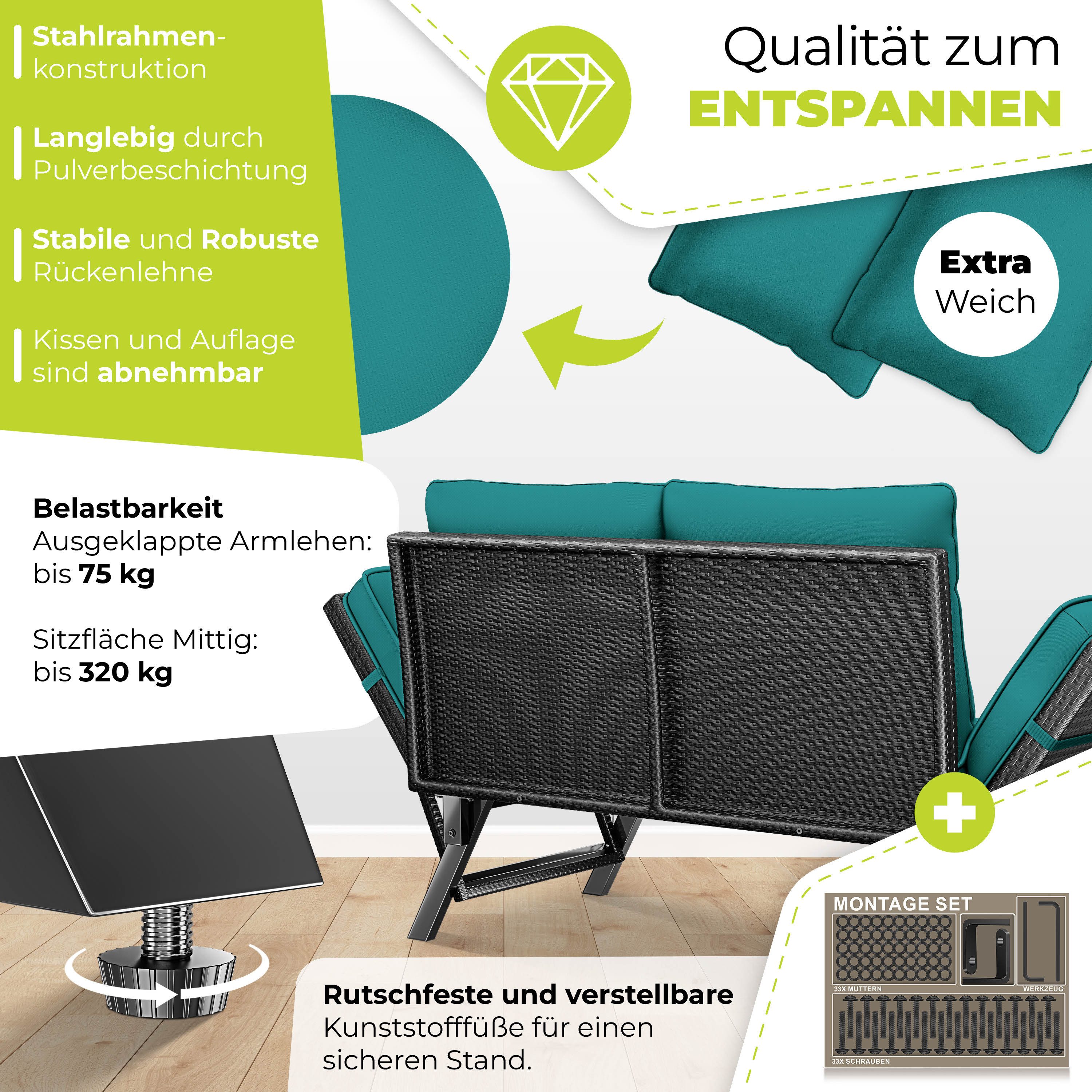 KESSER Gartenbank Polyrattan Gartensofa 4-in-1 mit Liegefunktion & Verstell-Funktion (Gartencouch mit Sitzkissen & Rückenkissen Extra Dicke & Weiche Polster), B – Bild 5 von 5