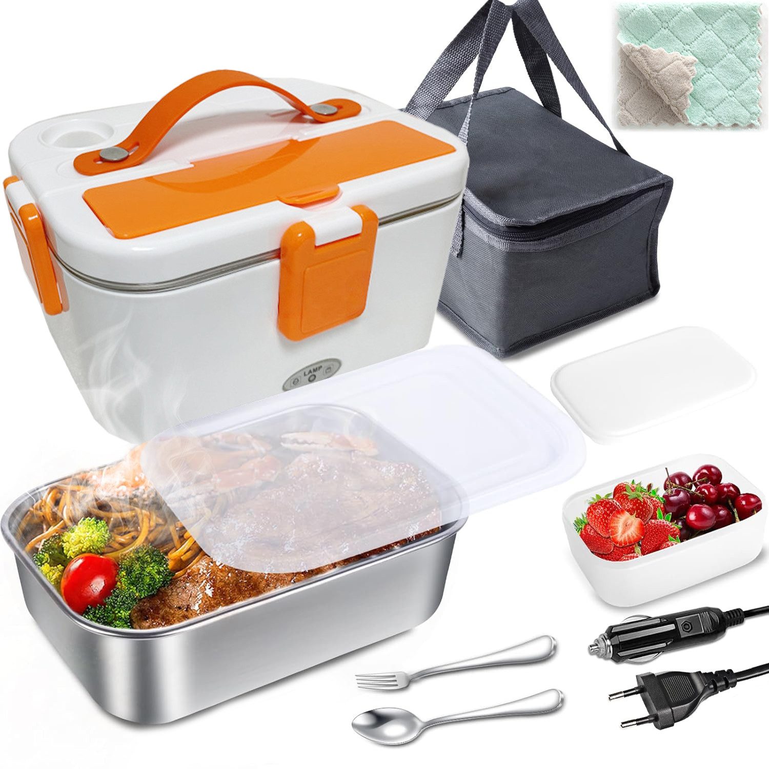 MOPUEA Elektrische Lunchbox 3 in 1 Elektrische Lunchbox Brotdose schnelles Erhitzen von Speisen, (1,8 L Großes Fassungsvermögen, mit Löffel und Gabeln, Tragetasche und Reinigungstuch), aus Edelstahl für Zuhause Auto, Design mit zwei Fächern