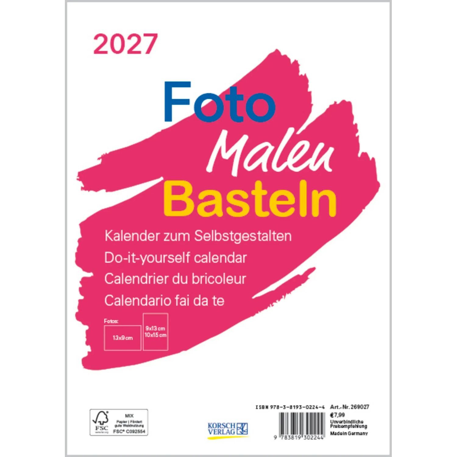 Korsch Verlag Wandkalender Foto-Malen-Basteln Bastelkalender A5 weiß 2027