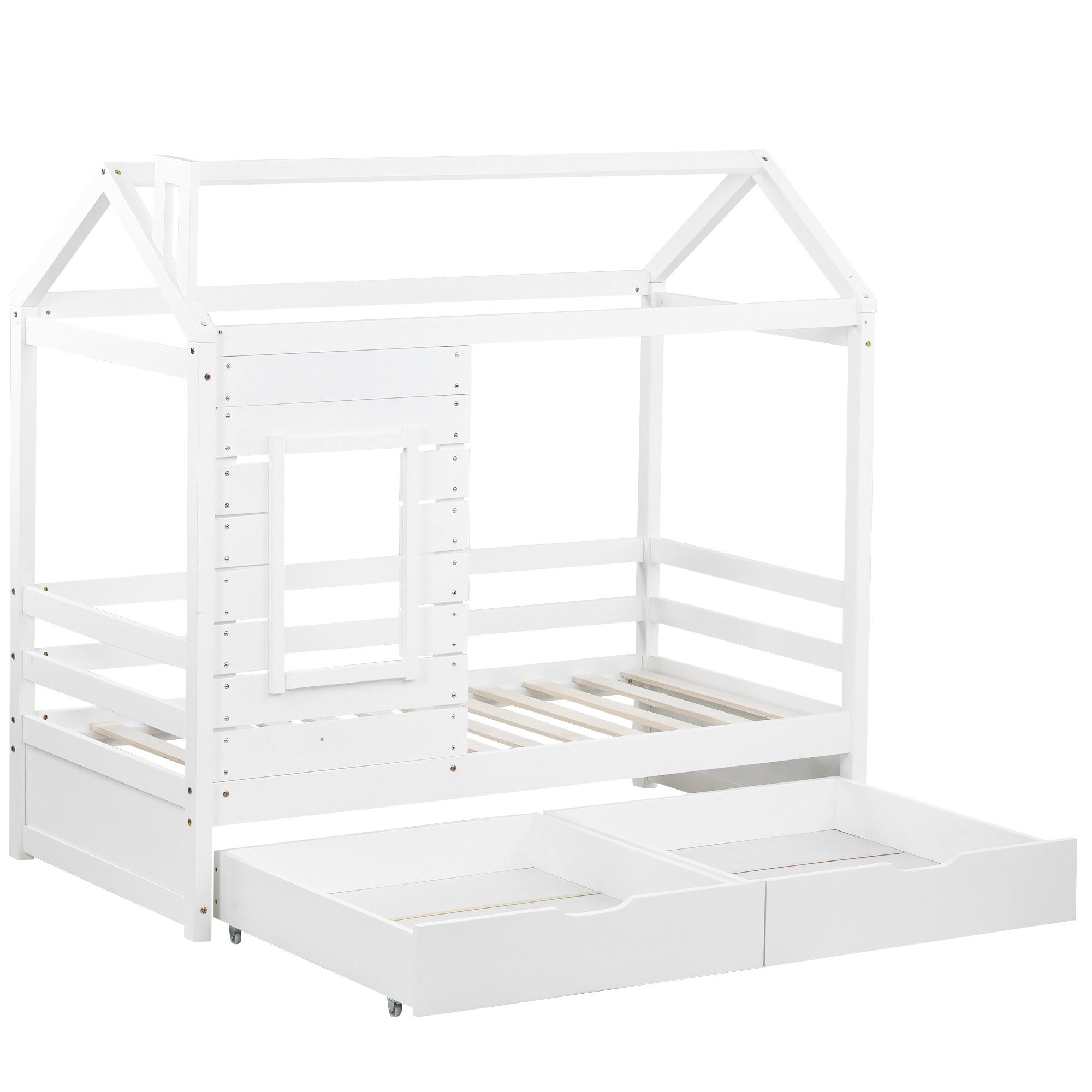 Kinderbett (1-tlg., Abenteuerbetten), Hausbett 80x160 cm mit Rausfallschutz und Lattenrost, Kiefer