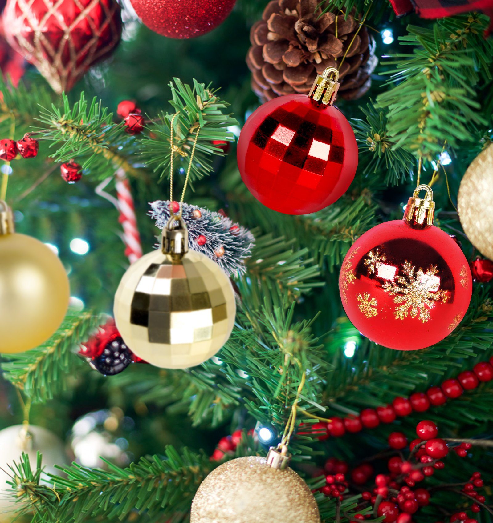 Homewit Christbaumschmuck für Weihnachtsbaumkugeln (48-tlg), Weihnachtsbaum Set Rot+Gold Weihnachtsbaumschmuck Kunststoff Dekoration Ornamente