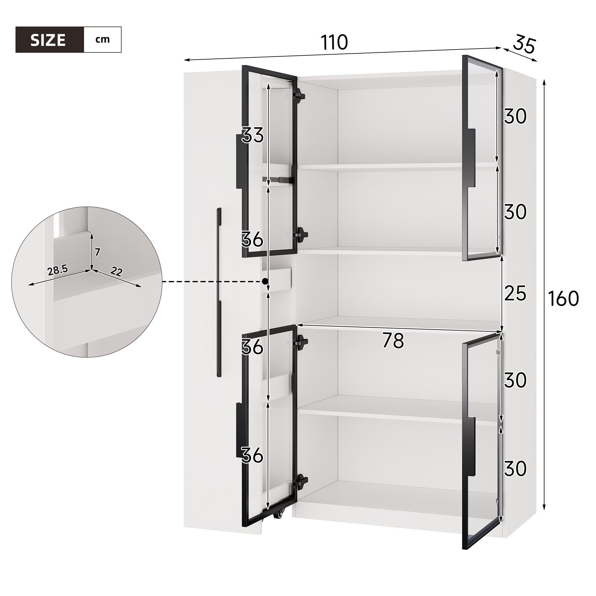 Celya Glasvitrine vertikaler Vitrine mit LED-Beleuchtung und Schubladen (mit Ausziehbare Seitenregale und offene Mittelablage) Ideal für Esszimmer, Wohnzimmer o – Bild 2 von 5