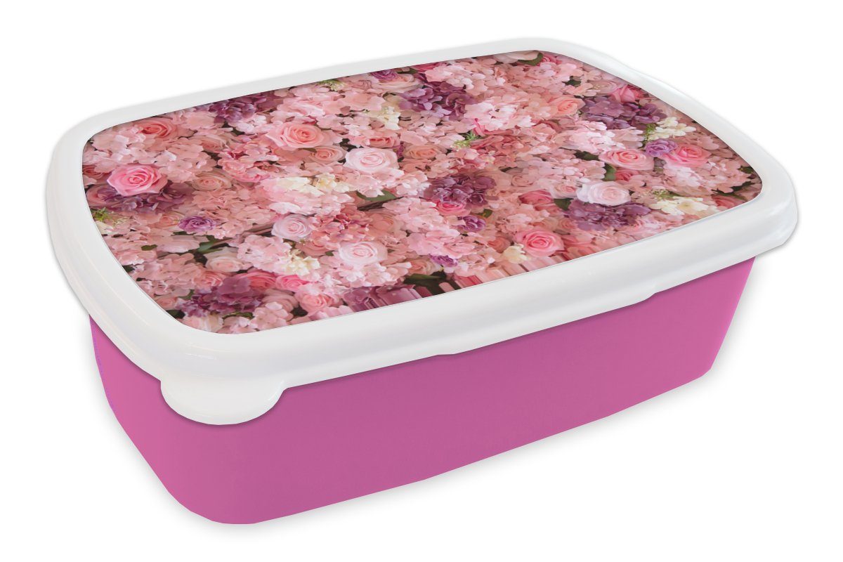 MuchoWow Lunchbox Blumen - Kinder, Brotdose Kunststoff, Mädchen, (2-tlg), Rosa für Kunststoff - Erwachsene, Snackbox, Rosen, Brotbox