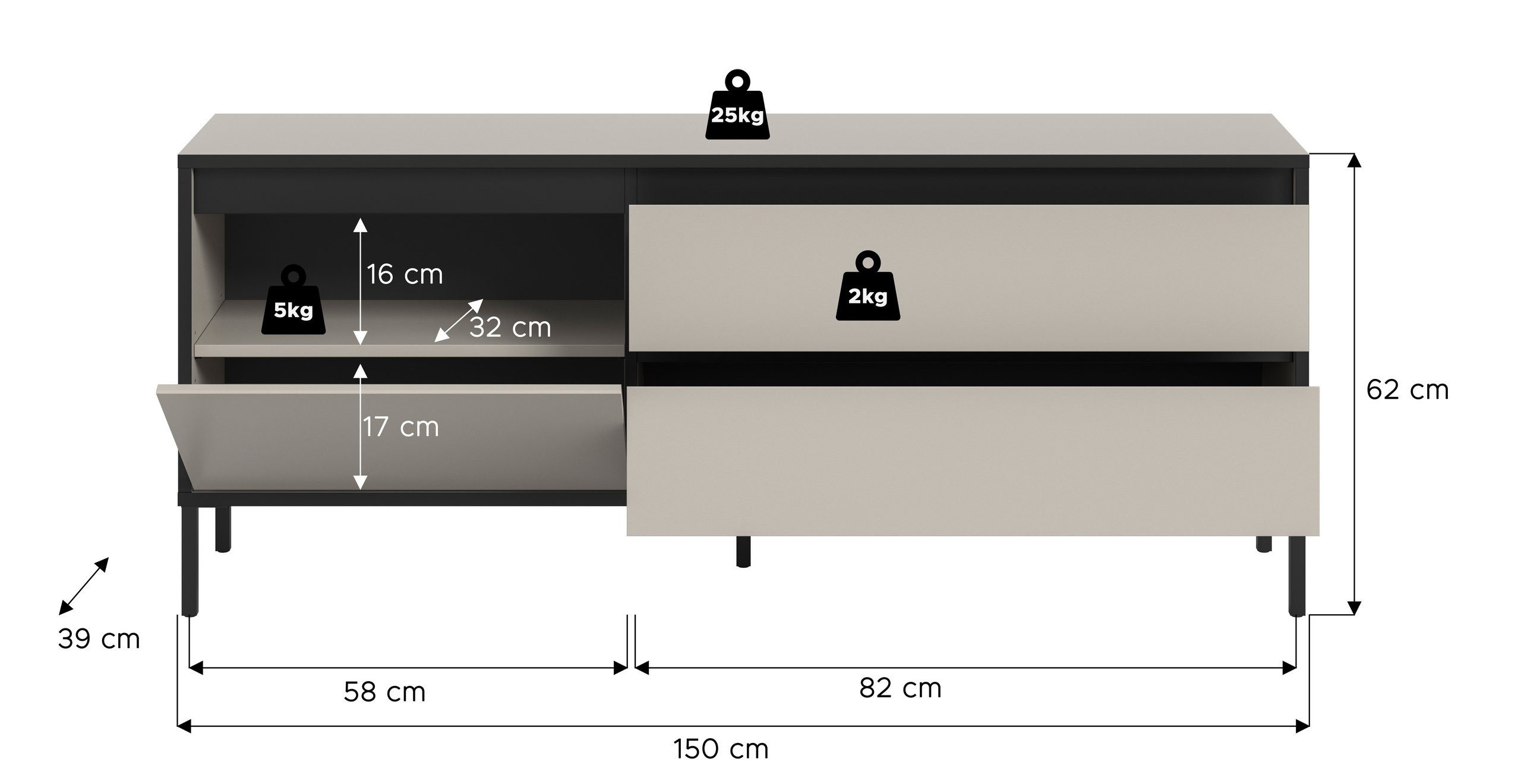 Newroom Kommode Kaschmir 150 cm, Kommode Kaschmir Elegant Sideboard Highboard Schlafzimmer Anrichte ...