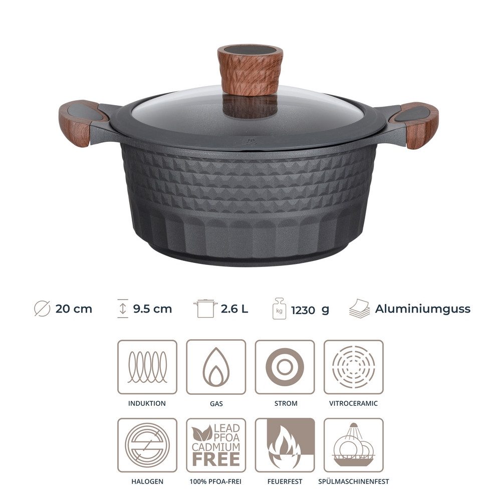 RESTO Kitchenware Kochtopf Capella, Schmortopf antihaftbeschichtet und spülmaschinenfest, Aluminiumguss (2-tlg), mit Glasdeckel und stoßdämpfendem Silikonrand, im Geschenkkarton