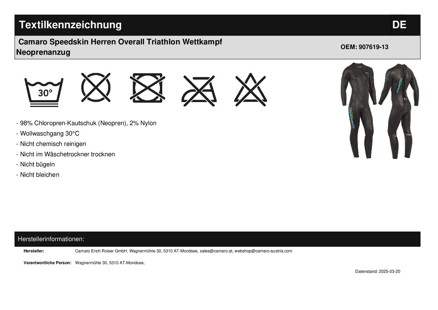 Camaro Neoprenanzug CAMARO Speedskin Herren Overall Triathlon Neoprenanzug Wettkampf – Bild 5 von 5