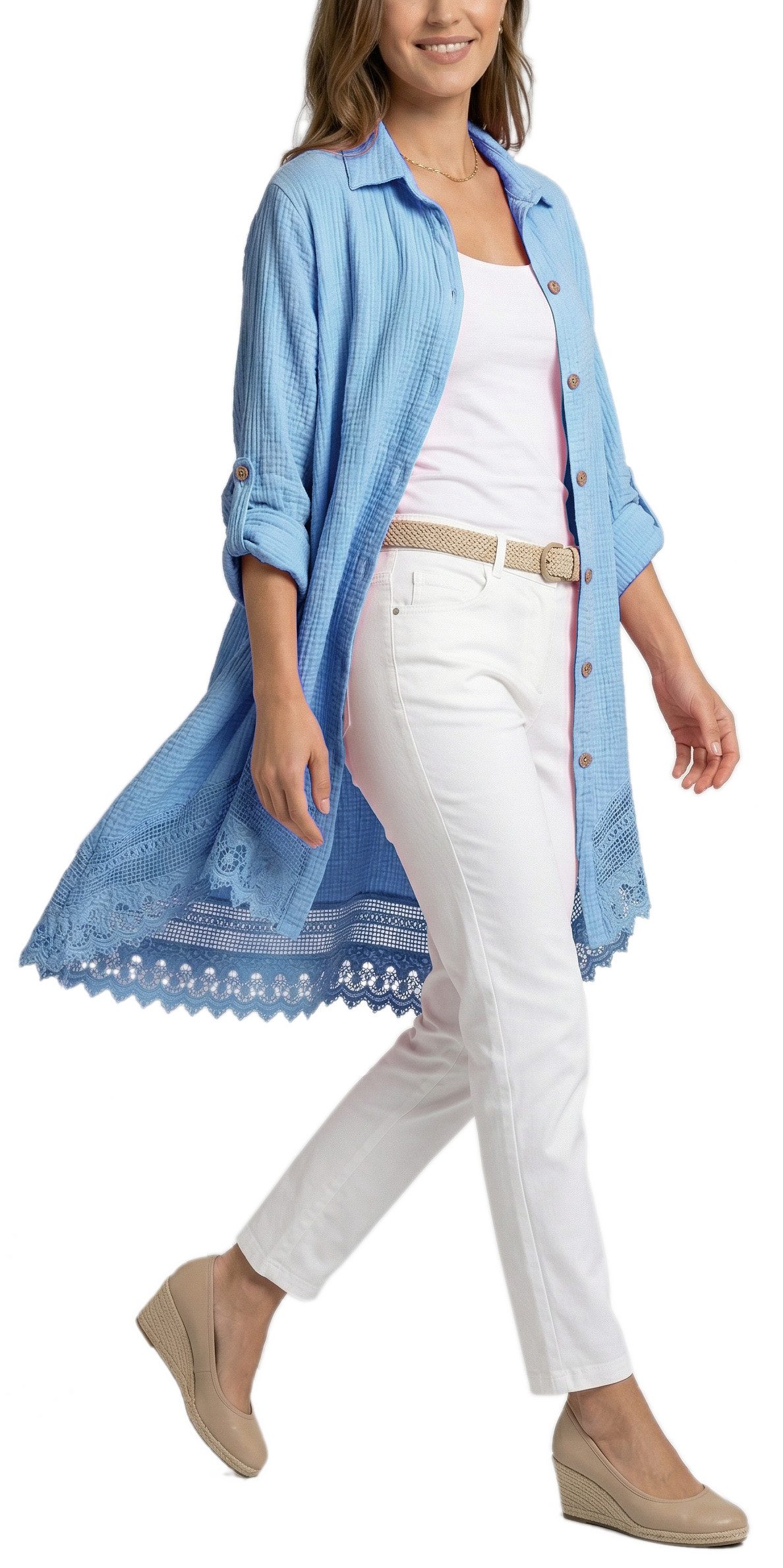 dy_mode Longbluse Damen Oversized Longbluse Musselin Tunika HemdbluseBlusenkleid in Unifarbe, dekorativem Häkel-Saum, Oversize-Passform