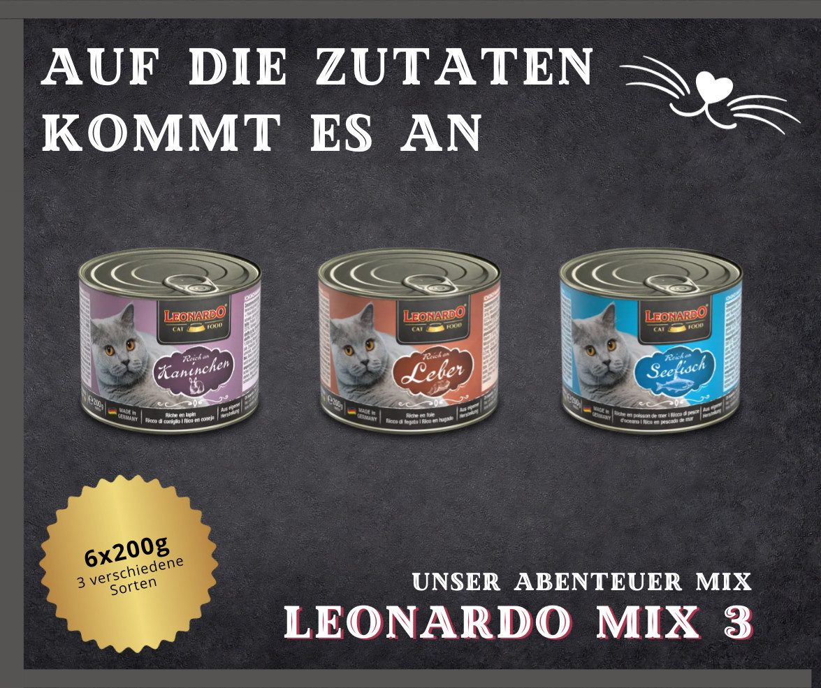 Leonardo Catfood Nassfutter Abenteuer Mix - Kaninchen, Leber & Seefisch 6x200g, Nassfutter für: Katzen