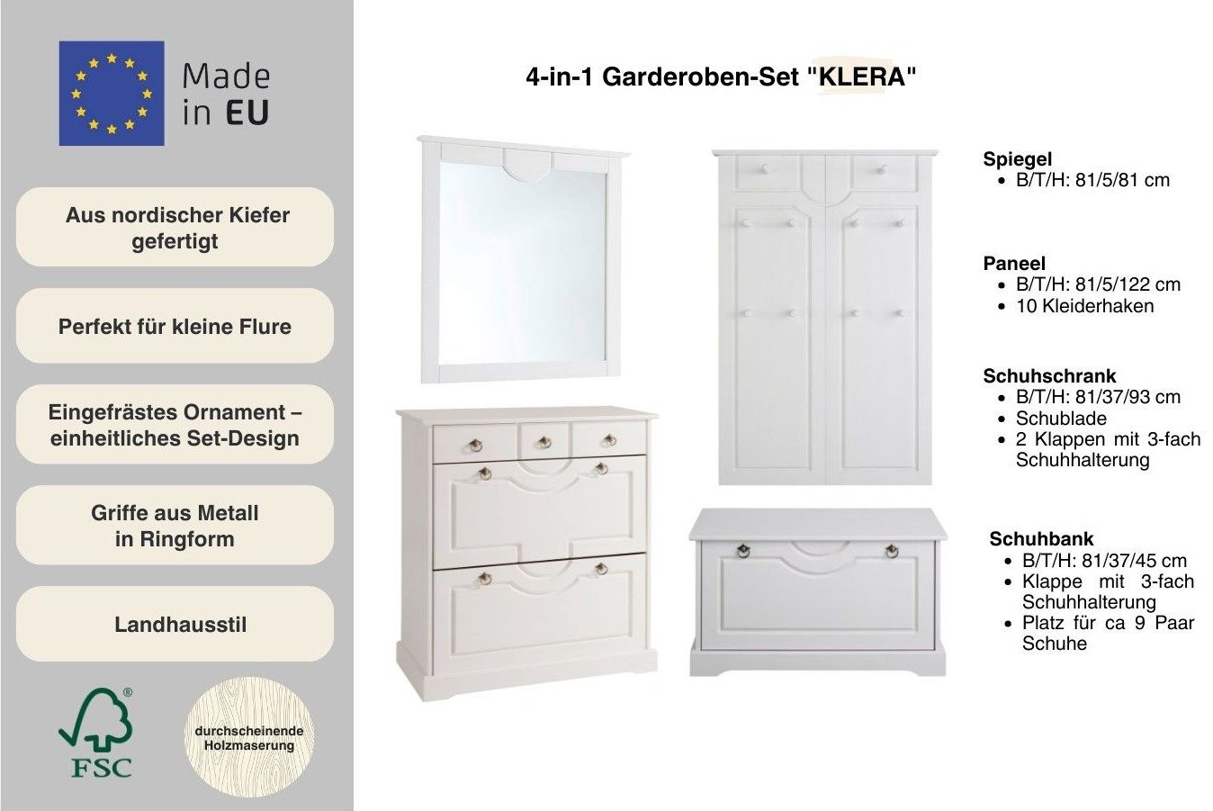 OTTO home Garderoben-Set Klera, (Set, 4-St), 4-teilig, aus massiver Kiefer, FSC®-zertifiziert