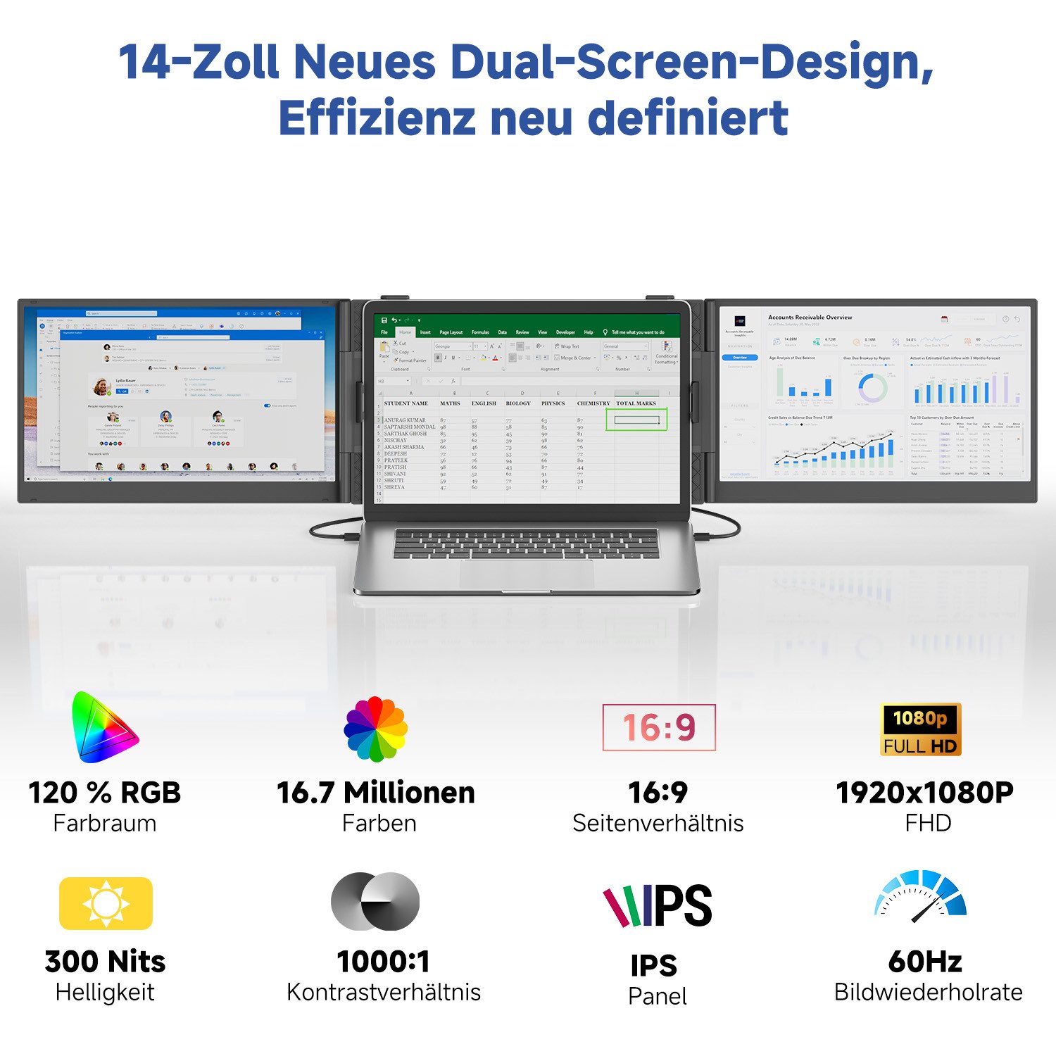 KEFEYA Ultra-dünne Gaming Monitor LED-Monitor Laptop-Bildschirm-Extender Portabler Monitor (36 cm/14 ", 1920x1080 px, Full HD, 60 Hz, HDR, Für Laptops von 13 bis 17,3",Kompatibel mit Mac, Windows, Chrome etc)