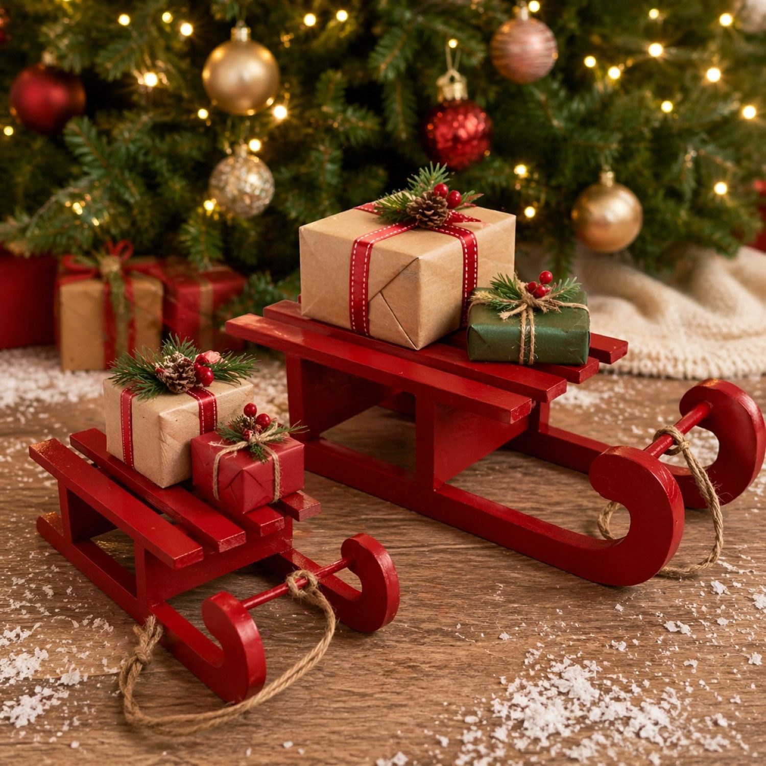 Online-Fuchs Dekofigur - 2 Schlitten aus Holz als Weihnachtsbaum Dekoration - Winterdeko (inklusive Bastseil, charmantes, nostalgisches Design), 25 und 37 cm lang